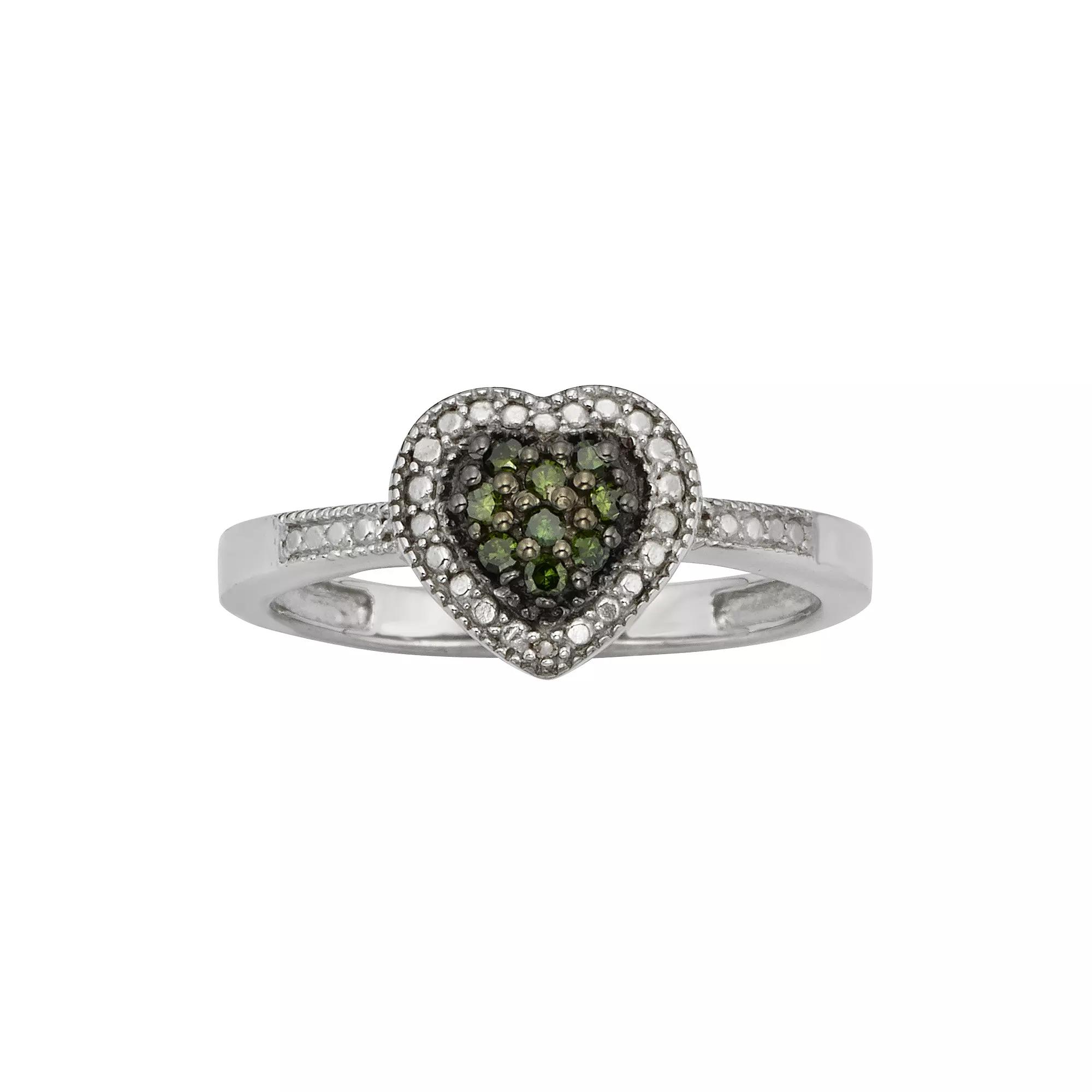 Jewelexcess Sterling Silver 1/10-ct. T.W. Green & White Diamond Heart Ring, Women's,  Product Image