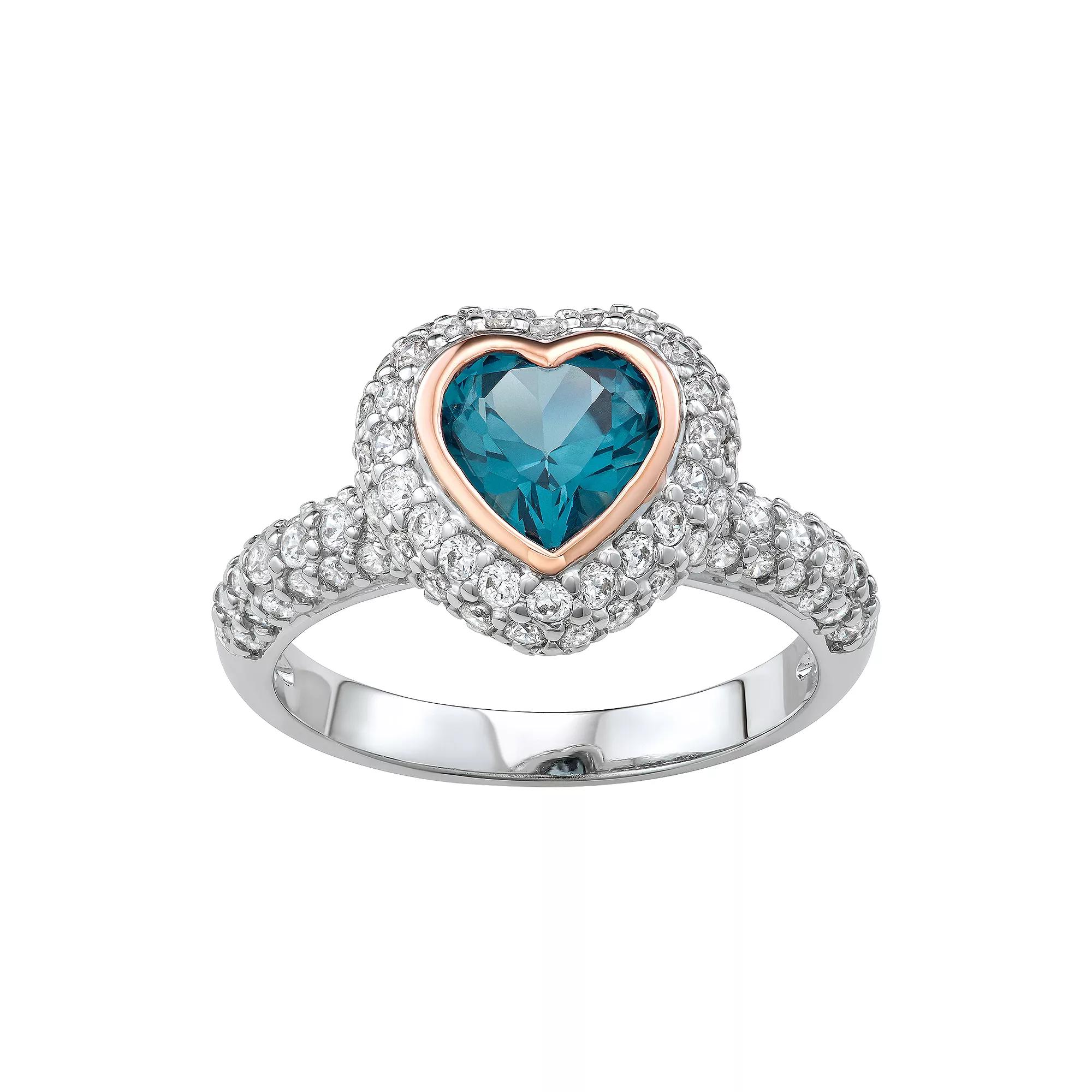 Two Tone Sterling Silver Lab-Created Blue Spinel & Cubic Zirconia Heart Ring, Women's, Size: 8 Product Image