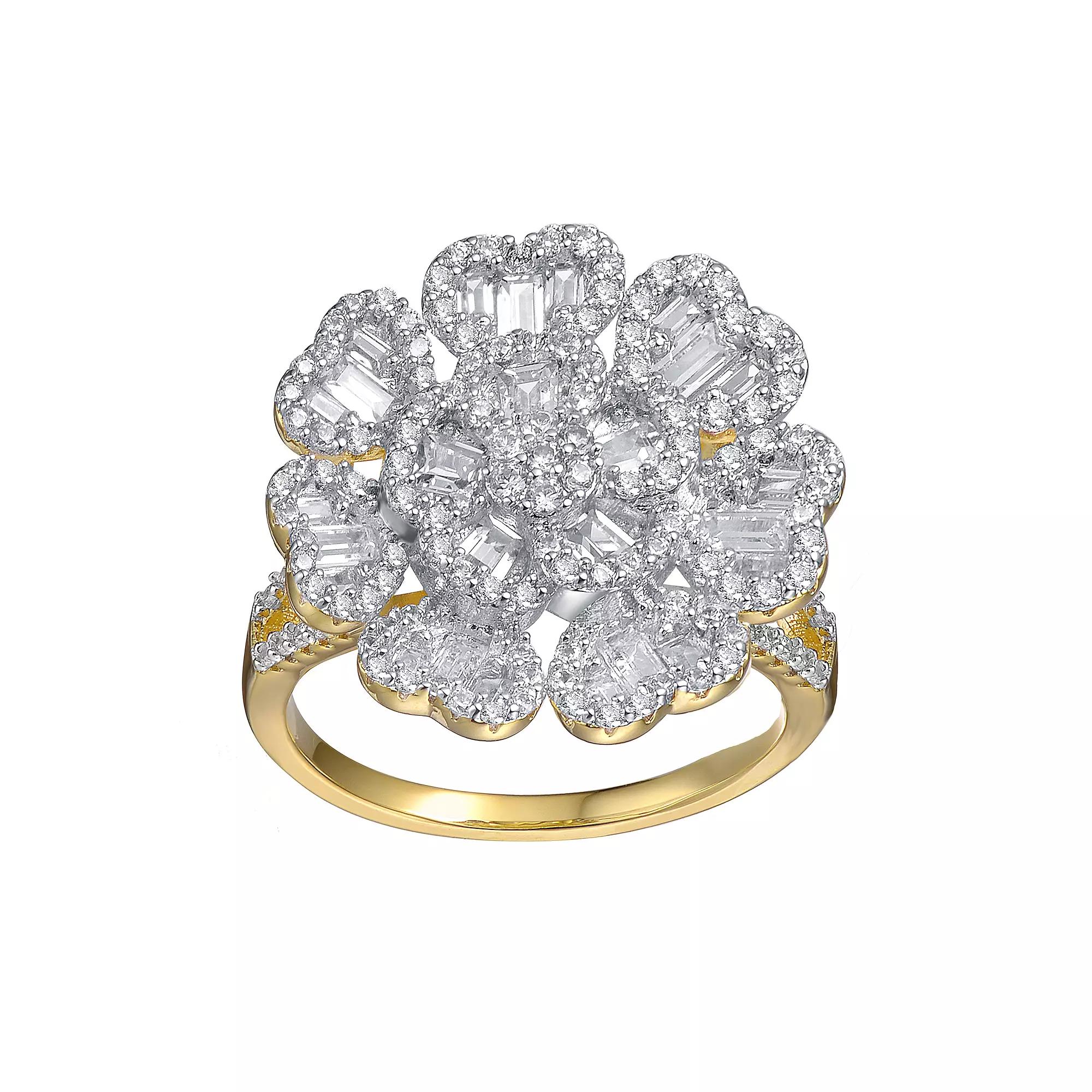 14k Gold Over Silver Cubic Zirconia & Diamond Accent Cluster Heart Petal Flower Ring, Womens Gold Tone Product Image