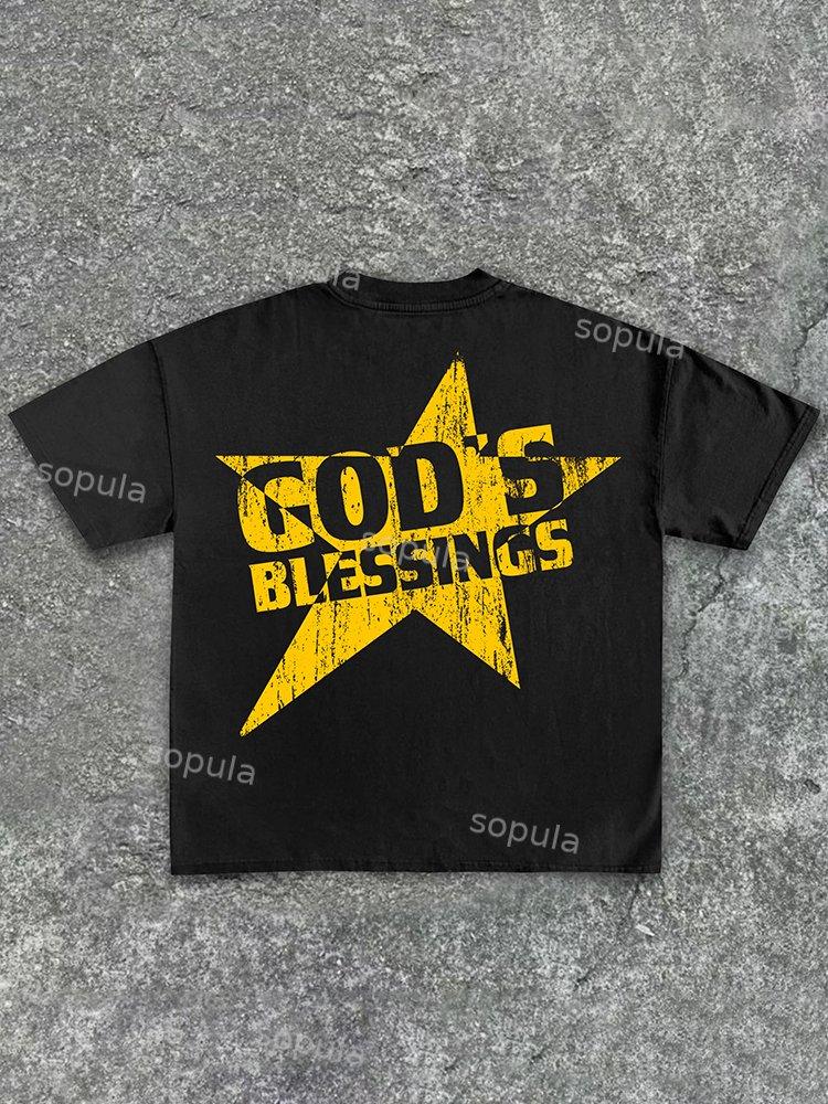 Men's God S Blessings Alphabet Slogan Print Cotton T-Shirt Product Image