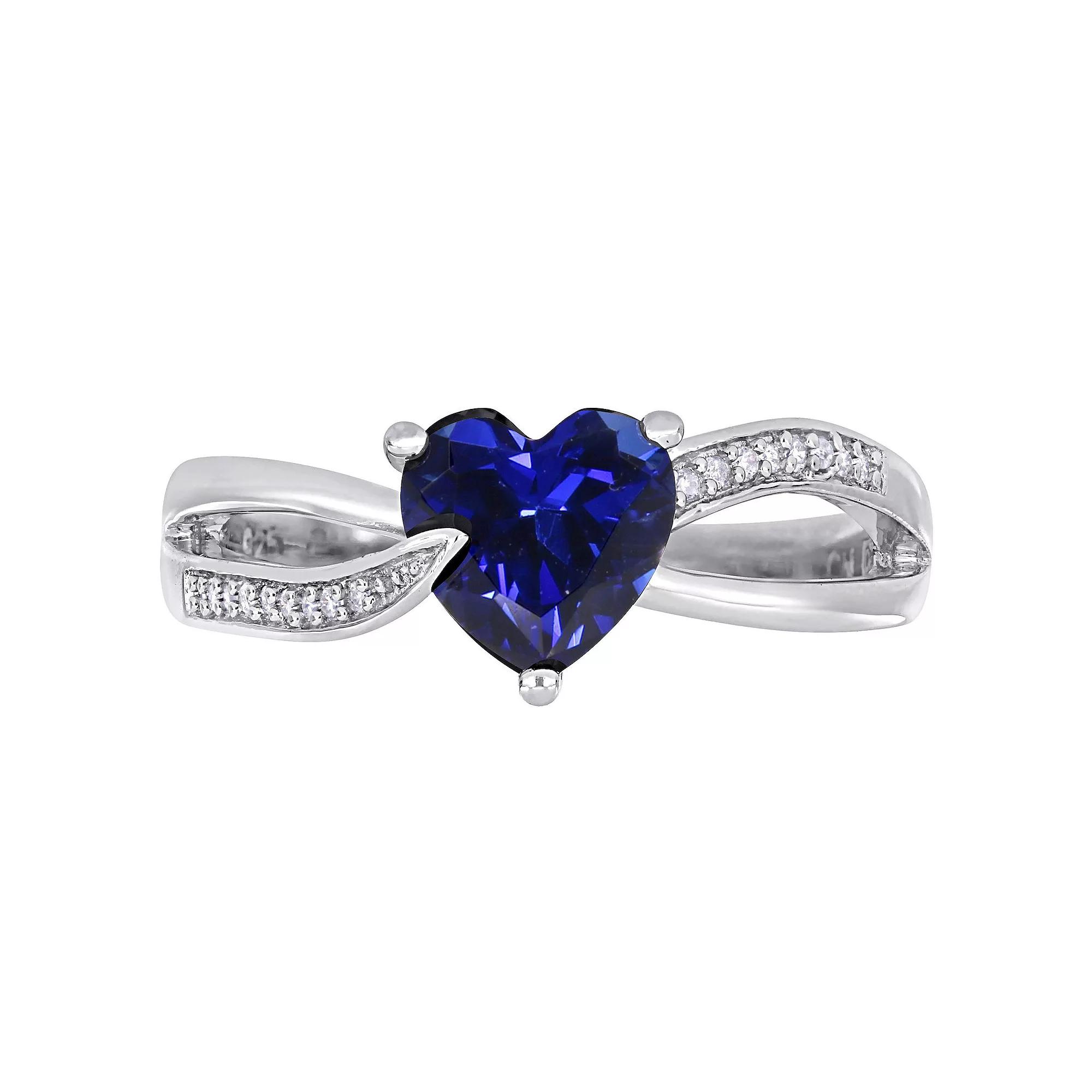 Stella Grace Sterling Silver Lab Created Blue Sapphire & Diamond Accent Heart Crossover Ring, Women's, Size: 6 Product Image