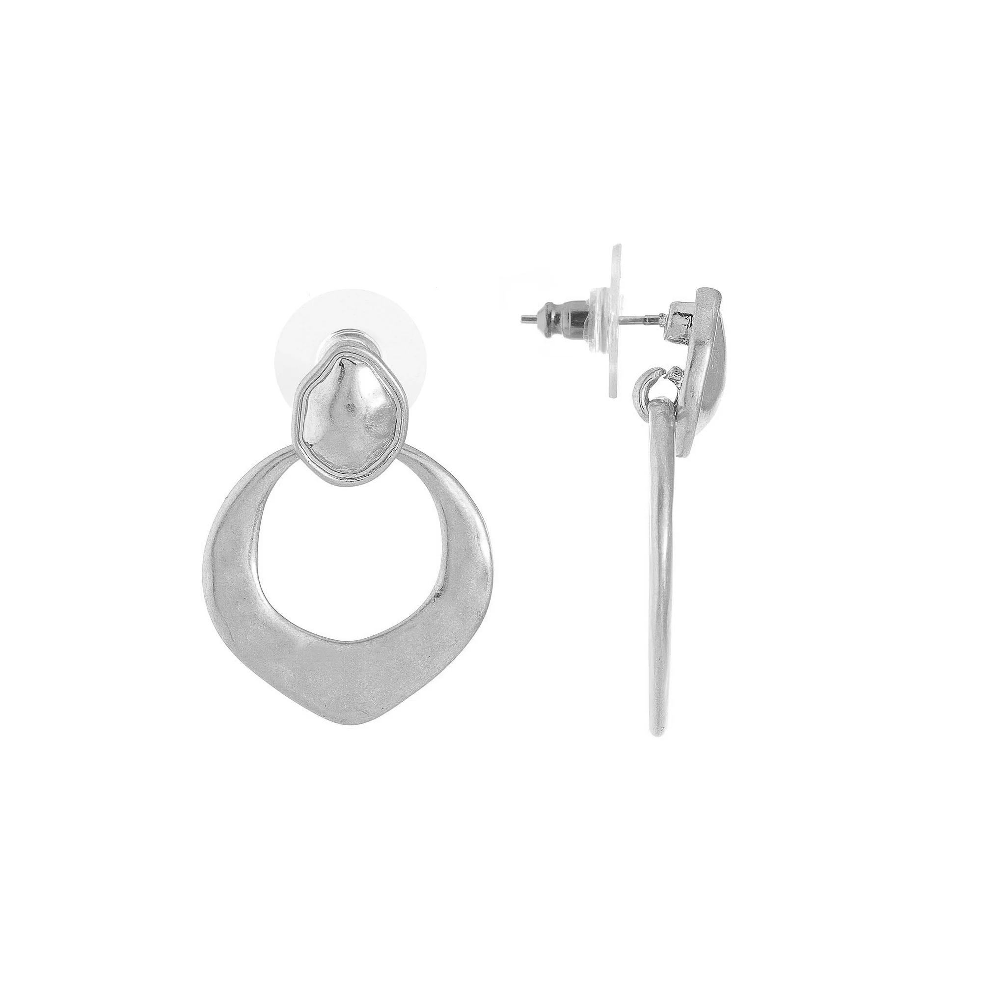 Bella Uno Silver Plated Hammered Doorknocker Earrings, Women's, Silver Tone Product Image