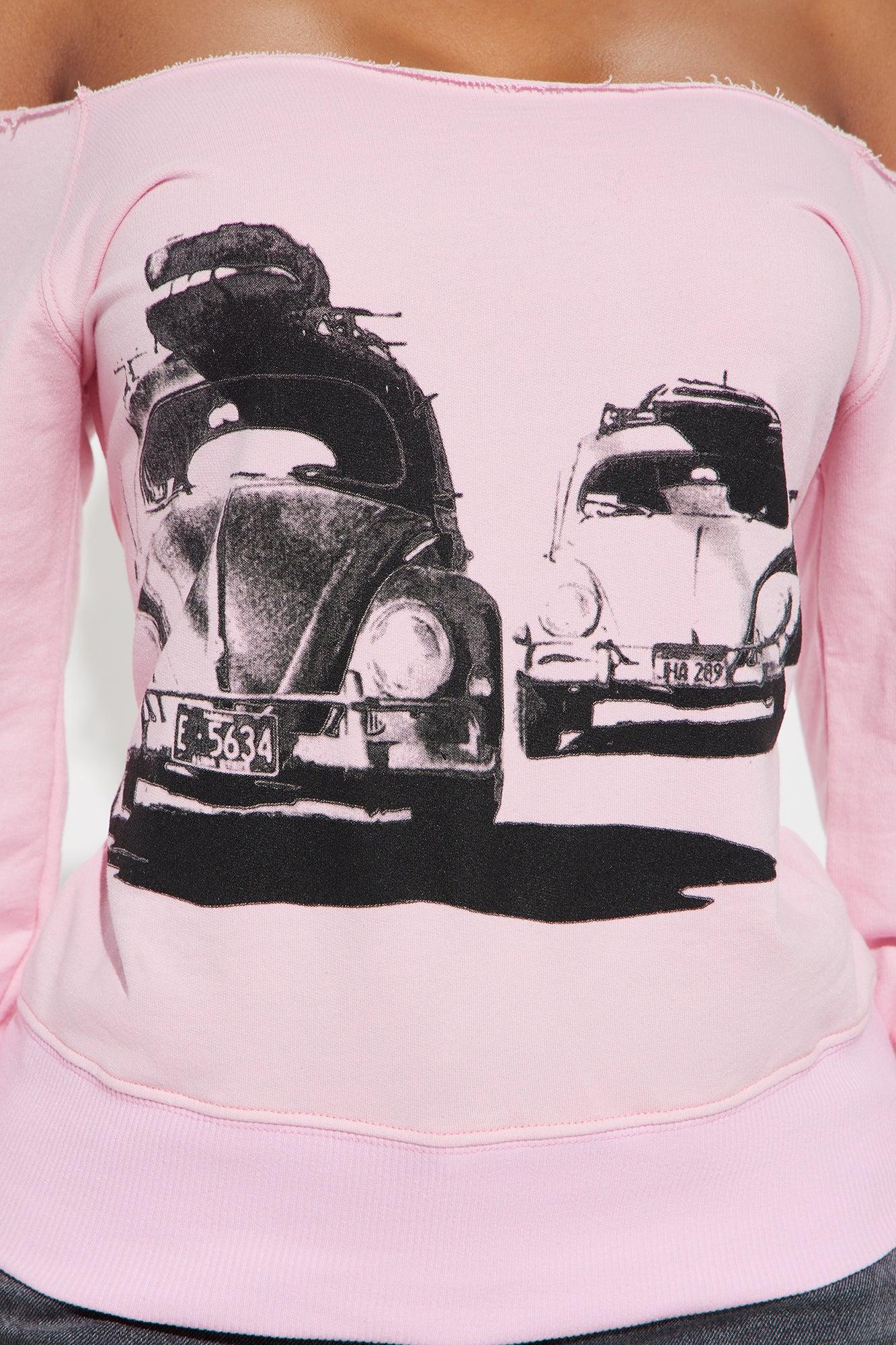 Vintage Highway Cruise Off Shoulder Sweatshirt - Pink Product Image