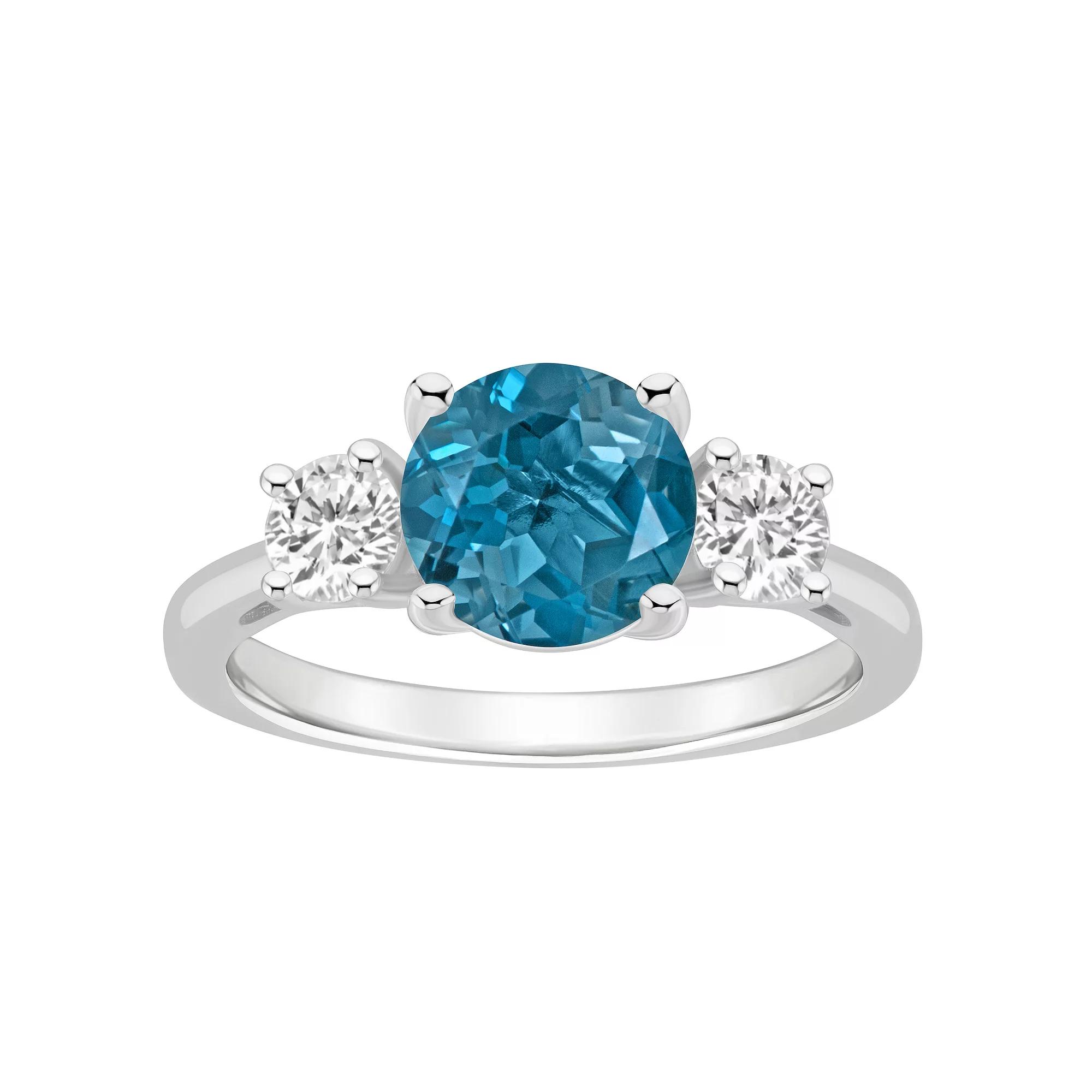 Alyson Layne Sterling Silver 8 mm Round Gemstone & White Topaz Three-Stone Ring, Women's, Size: 9, London Blue Topaz Product Image