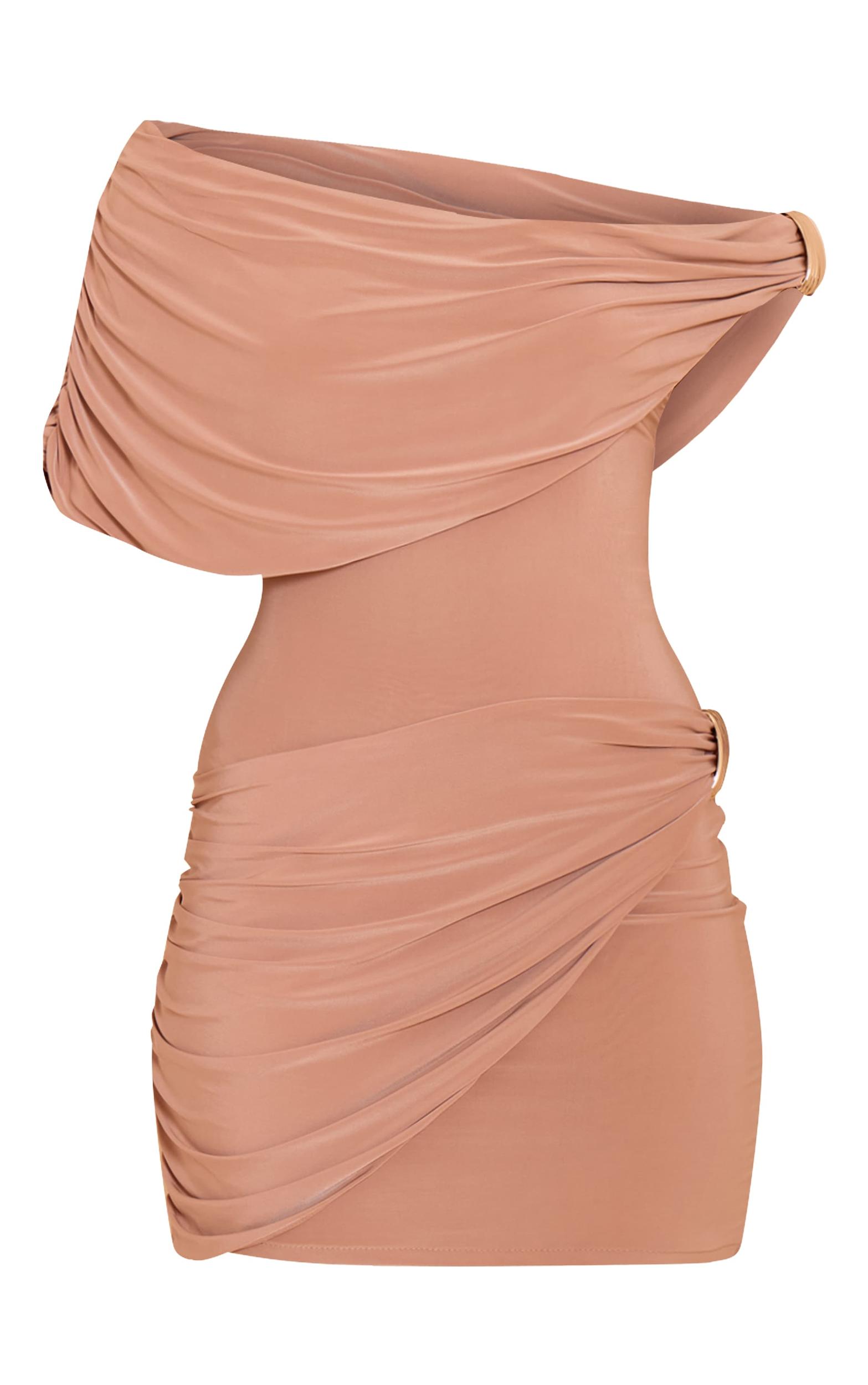 Beige Double Layer Slinky Off The Shoulder Trim Mini Dress Product Image