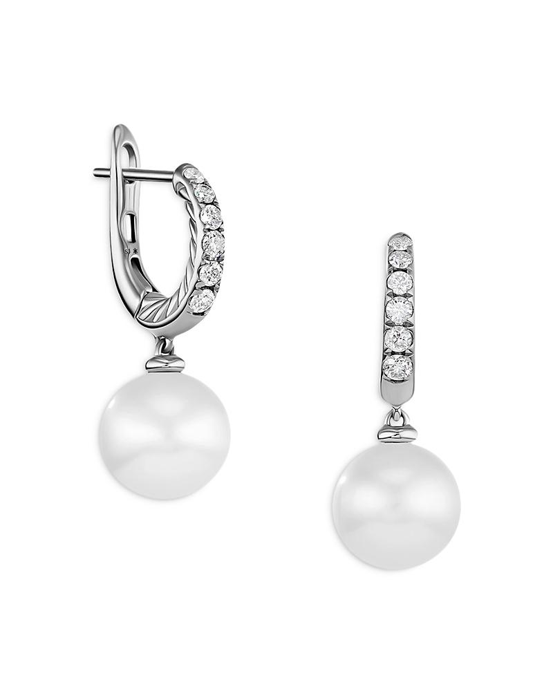Womens Pearl and Pav Drop Earrings in Sterling Silver with Pearls and Diamonds, 15.6mm Product Image