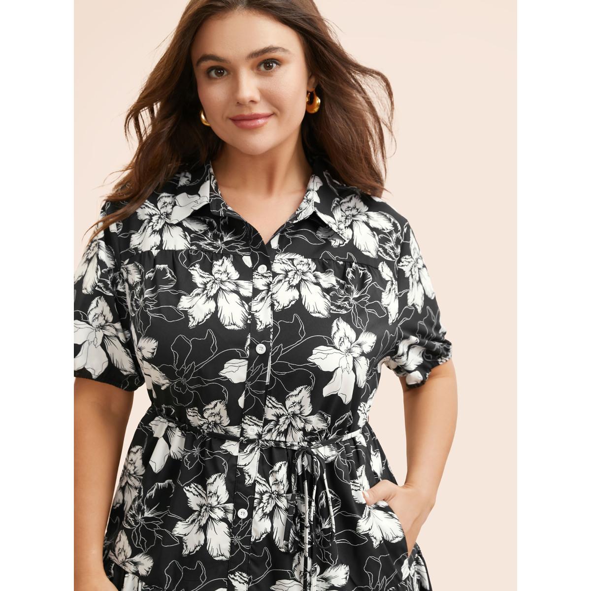 Plus Size Floral Shirt Collar Belted Midi Dress Black Women Elegant Belted Shirt collar Short sleeve Curvy BloomChic 26/4X Product Image