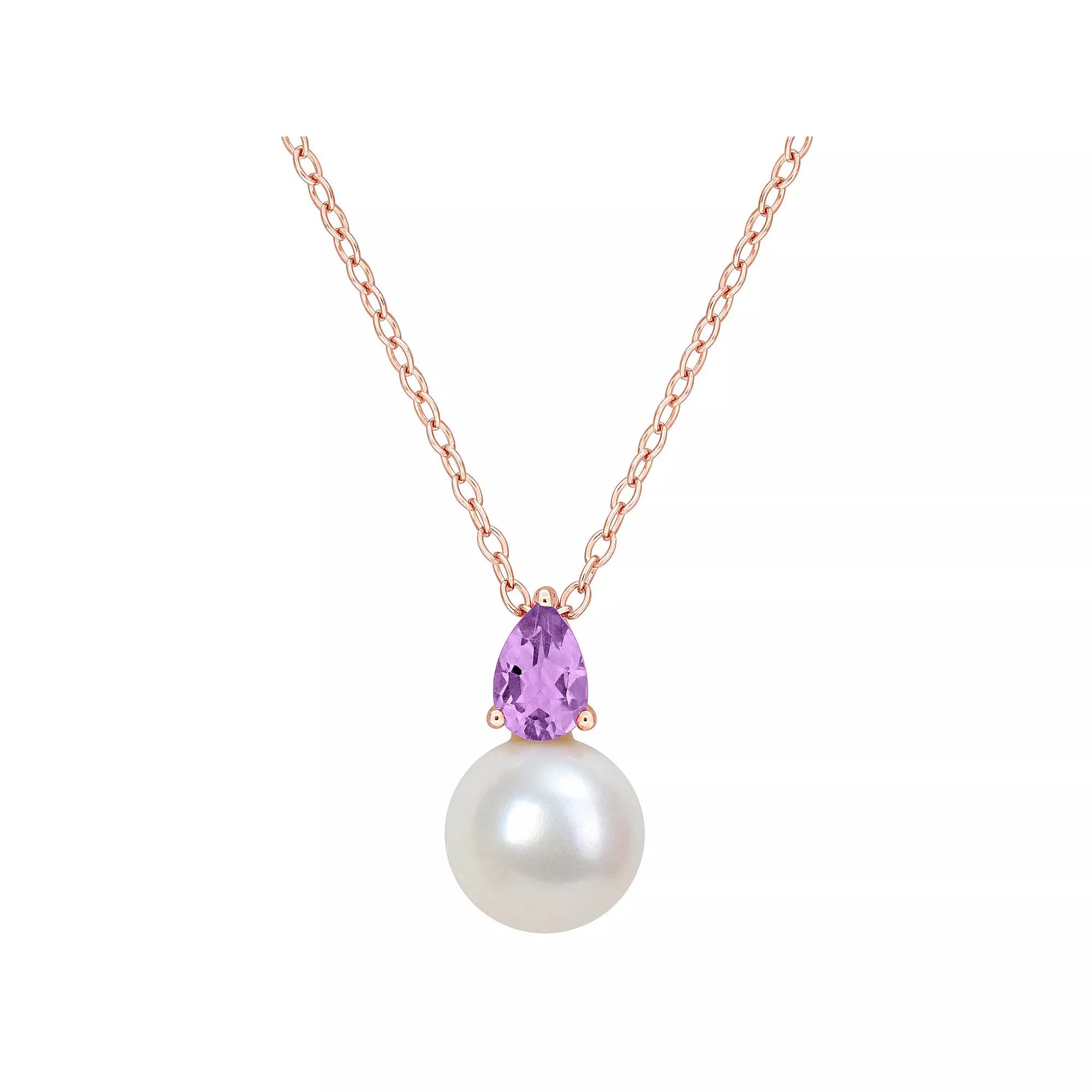Stella Grace 18k Rose Gold Over Silver Amethyst & Freshwater Cultured Pearl Drop Pendant Necklace, Women's,  Product Image