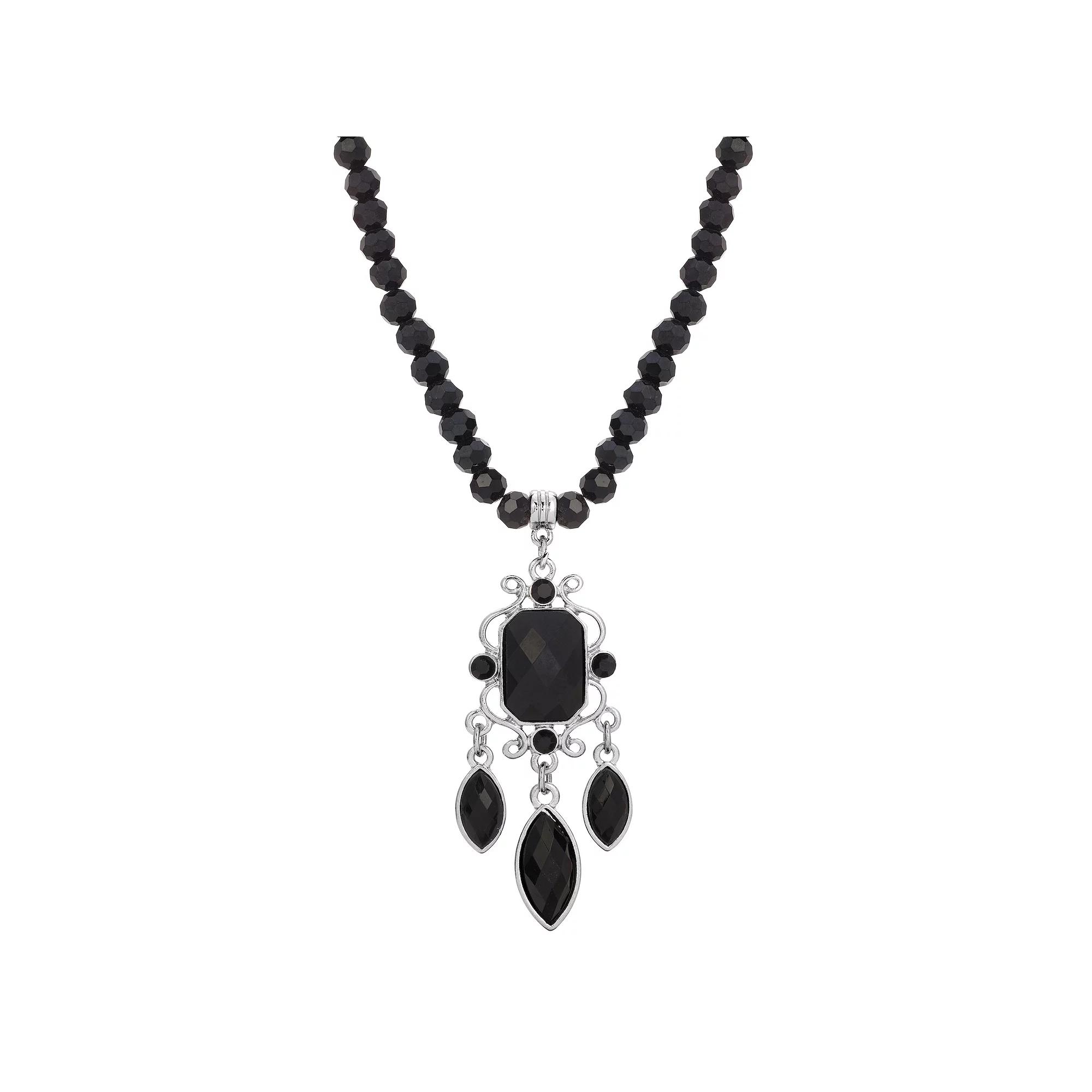 1928 Silver Tone Black Bead Chandelier Necklace, Womens Product Image