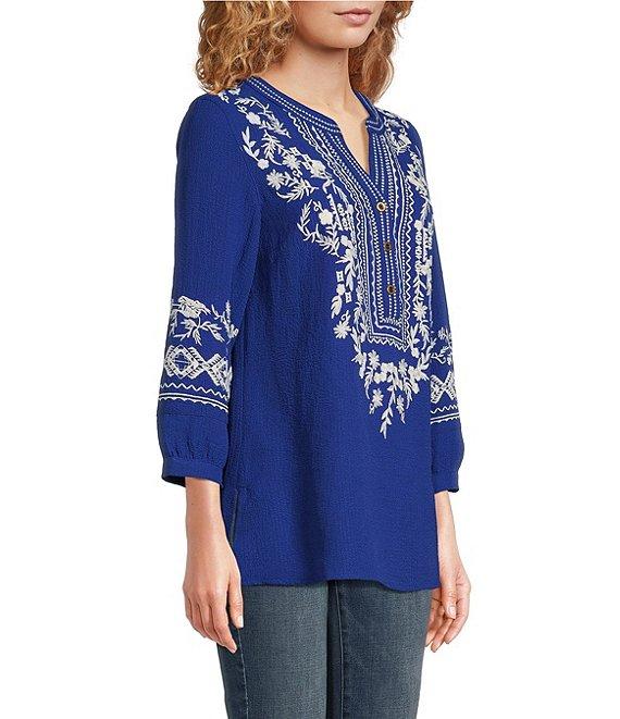 Calessa Petite Size Embroidered Floral Patchwork Split V-Neck 3/4 Sleeve Tunic Product Image