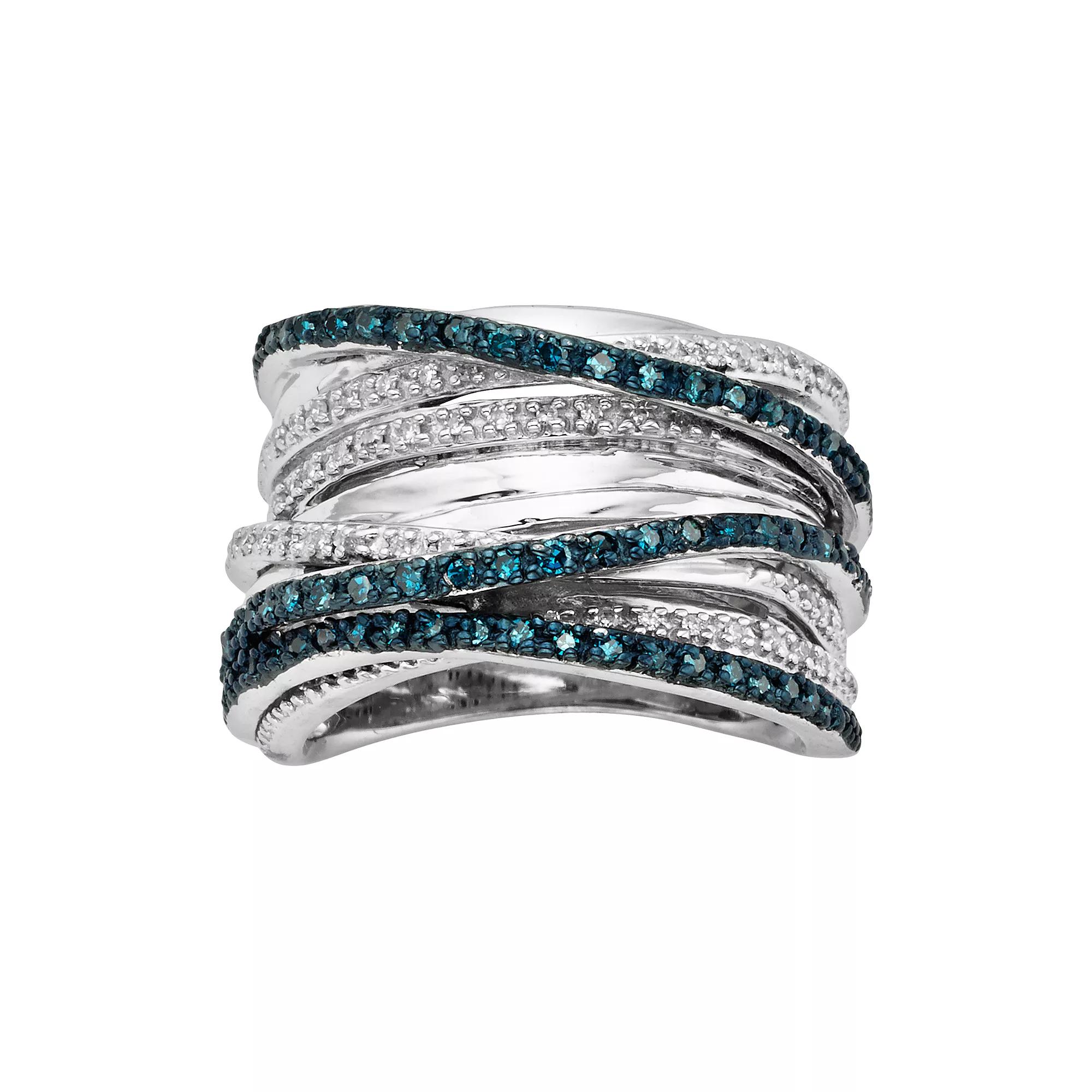 Jewelexcess Sterling Silver Two-Tone 1/2-ct. T.W. Blue and White Diamond Orbit Ring, Women's, Size: 8 Product Image