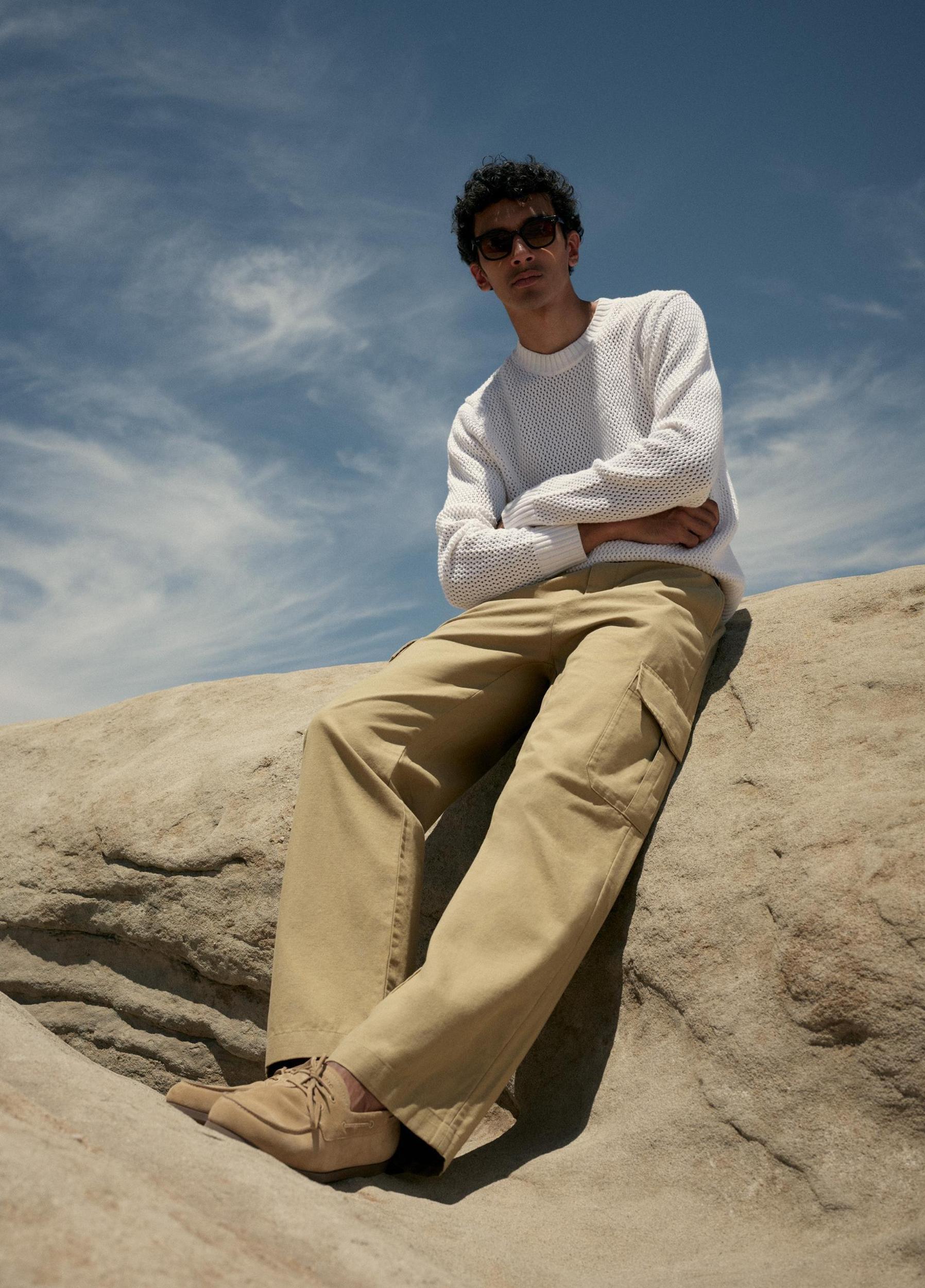 Mesh-Stitch Cotton-Cashmere Crew Neck Sweater Product Image