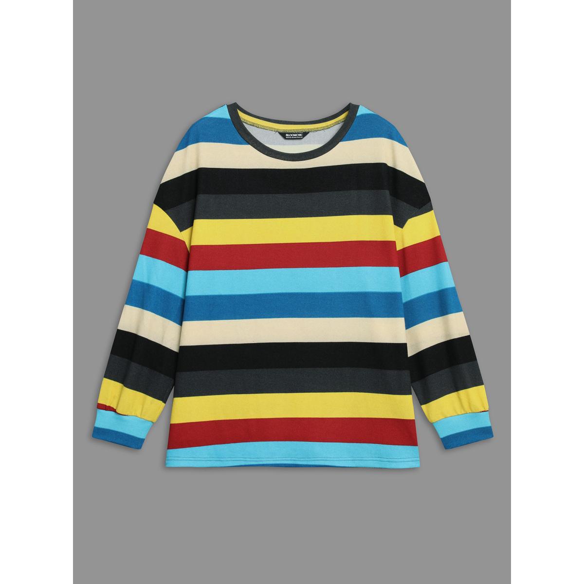 Plus Size Multi-Color Striped Stretchy Crew Neck T-shirt Multicolor Women Casual Contrast Round Neck Loose Everyday T-shirts BloomChic 30/6X Product Image