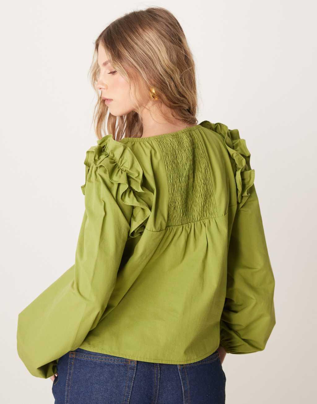 ASOS DESIGN poplin ruffle trapeze blouse in olive green Product Image