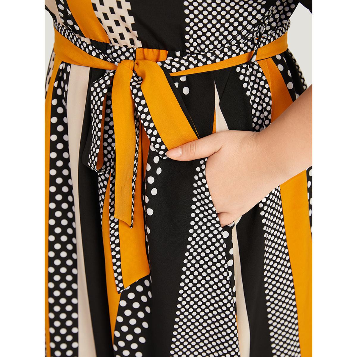 Plus Size Polka Dot Patchwork Striped Belted Notched Dress Orange Women Office Contrast Notched collar Short sleeve Curvy Midi Dress BloomChic 18-20/2X Product Image