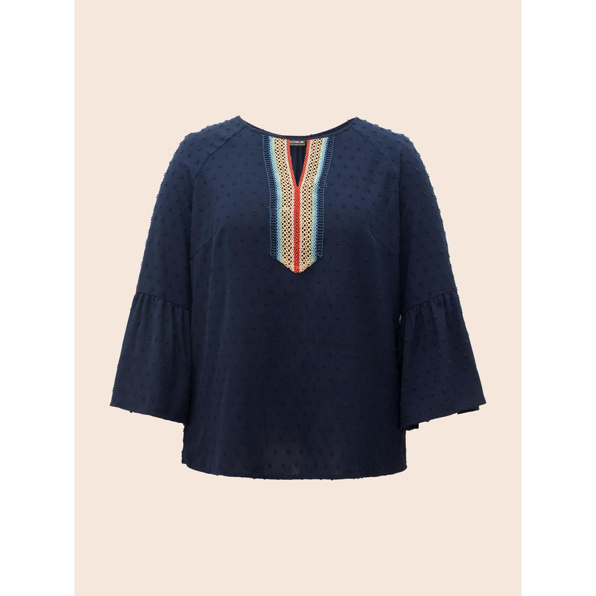 Plus Size Indigo Textured Embroidered Neckline A-Line Blouse Women Casual Three Quarter Length Sleeve V-neck Everyday Blouses BloomChic 28/5X Product Image