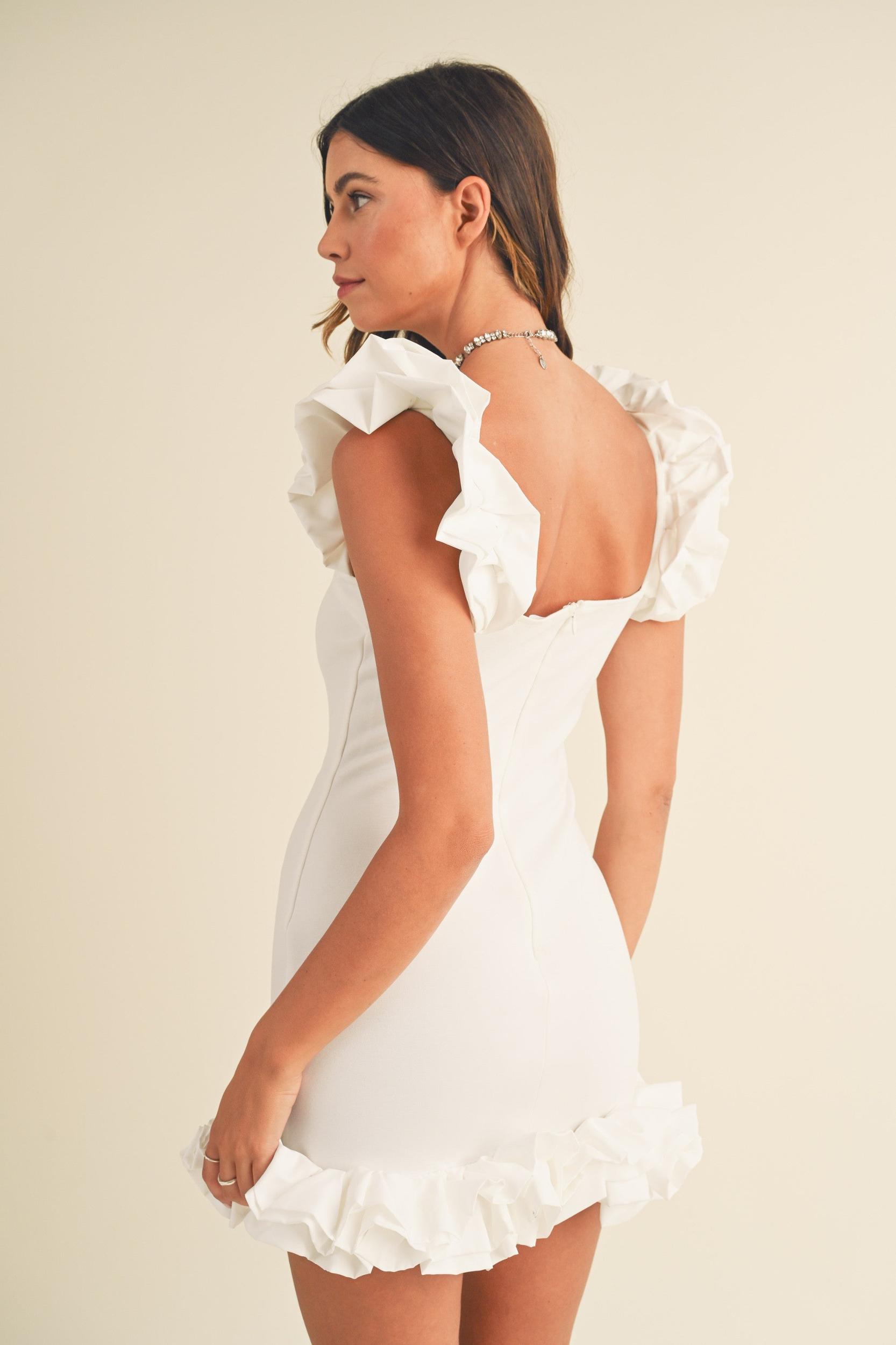 White Ruffle Detail Mini Bodycon Dress Product Image