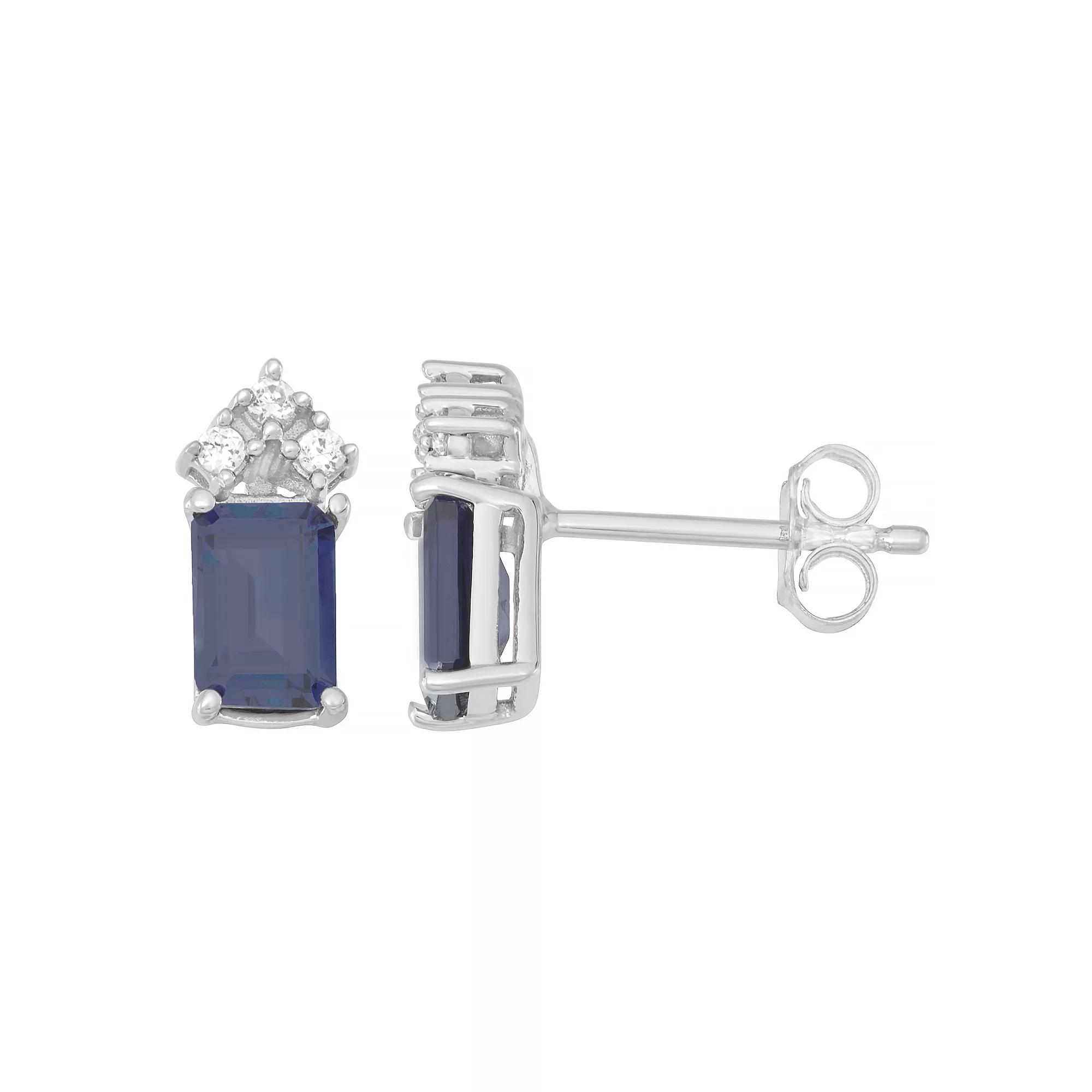 10k White Gold Sapphire & 1/10 Carat T.W. Diamond Stud Earrings, Women's Product Image