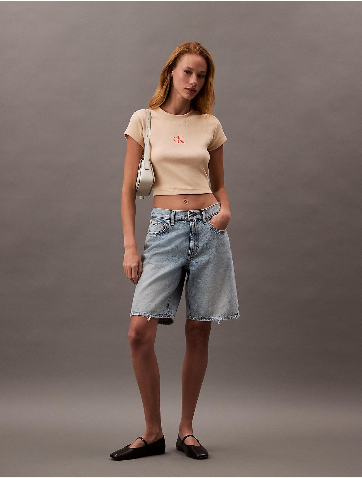 Calvin Klein Women's Monogram Logo Ribbed Baby Tee - White - XL Product Image