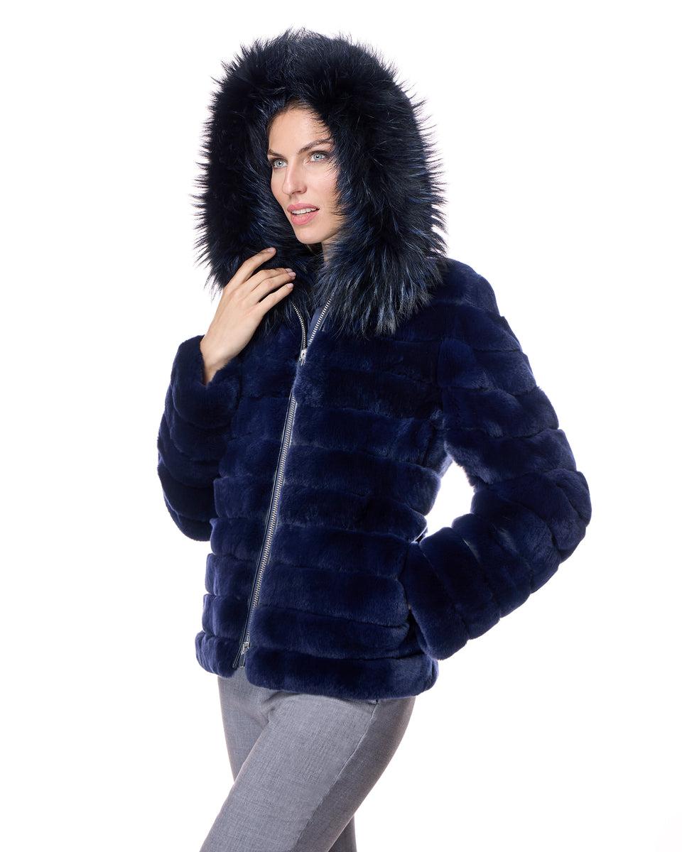 Horizontal Rabbit Jacket with Fox Trimmed Hood Product Image