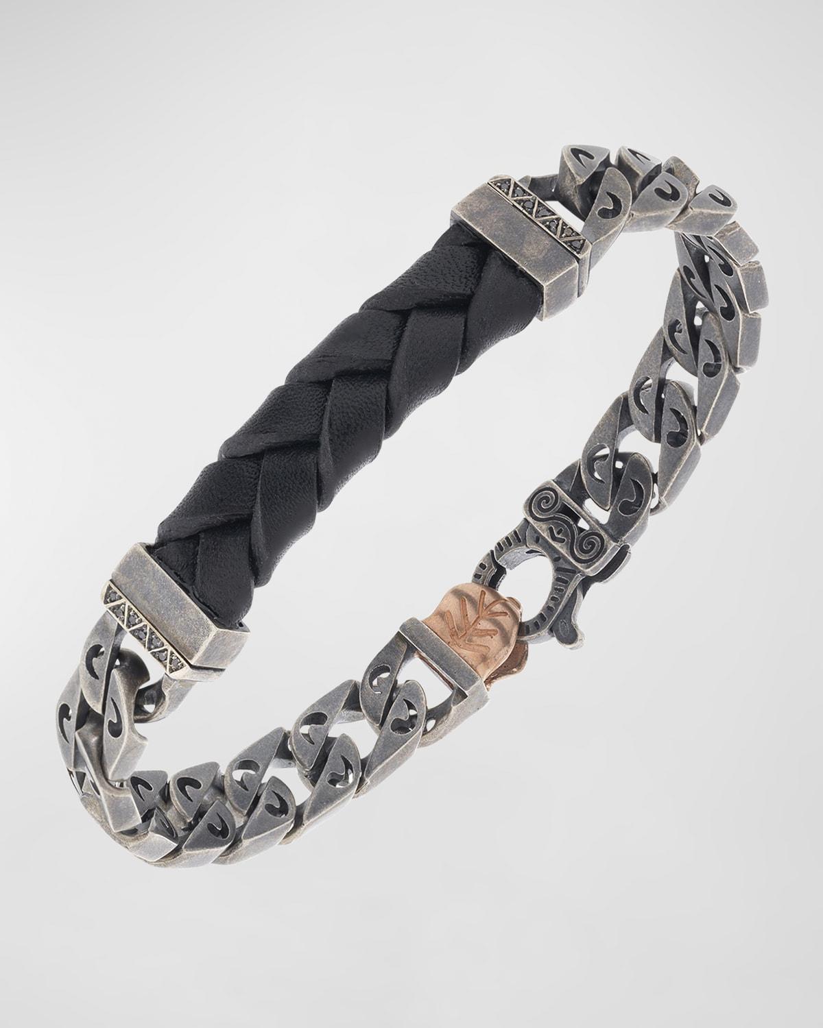 Mens Flaming Tongue ID Leather Curb Link Bracelet, Black Diamonds Product Image