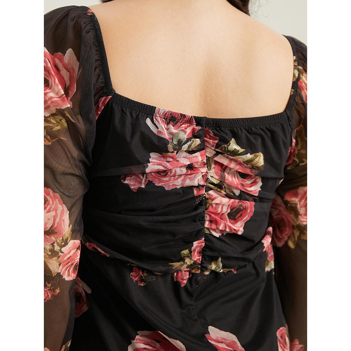 Plus Size Floral Mesh Patchwork Ruched Square Neck Split Hem Dress BlackFlower Women Cocktail Gathered Square Neck Long Sleeve Curvy Midi Dress BloomChic 26/4X Product Image