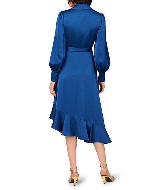 Aidan Mattox V-Neck Bishop Sleeve Asymmetrical Ruffle Hem Wrap Dress Product Image