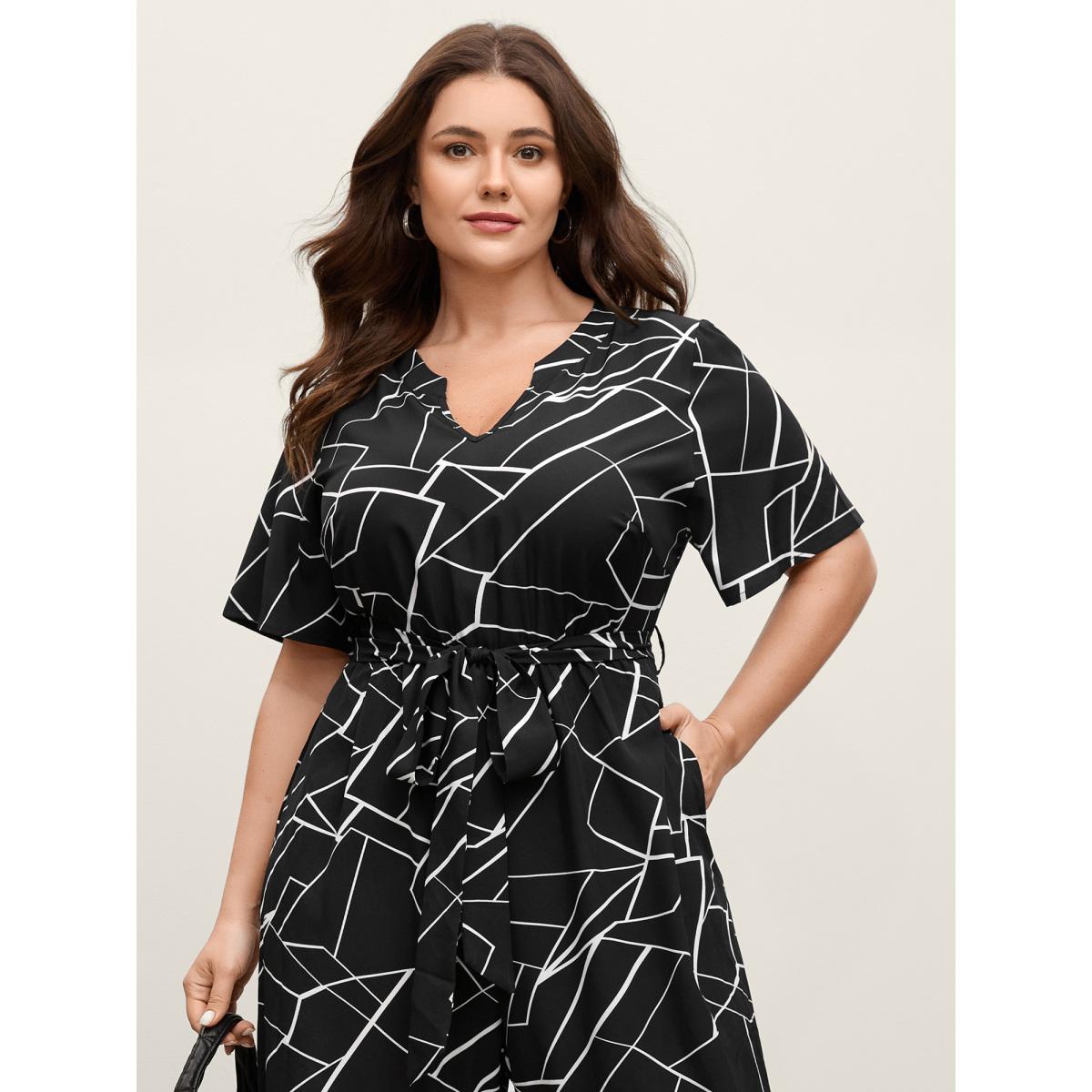 Plus Size Black Geometric Print Waist-Defining Belted Jumpsuit Women Short sleeve Flat collar with V-notch Work Loose Jumpsuits BloomChic 26/4X Product Image