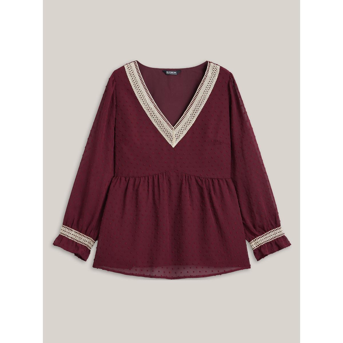 Plus Size Burgundy Contrast Webbing Cut-Out Stretchy-Waist Blouse Women Elegant Extra Long Sleeve V-neck Everyday Blouses BloomChic 18-20/2X Product Image
