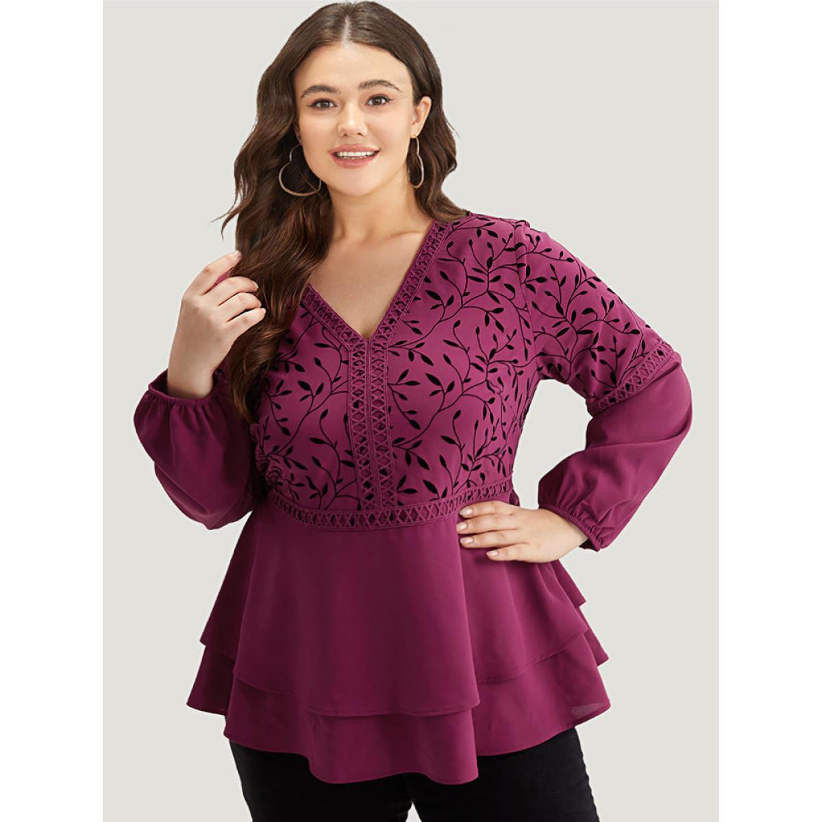 Plus Size RedViolet Silhouette Floral Print Lace Patchwork Layered Hem Blouse Women Elegant Long Sleeve V-neck Dailywear Blouses BloomChic 26/4X Product Image