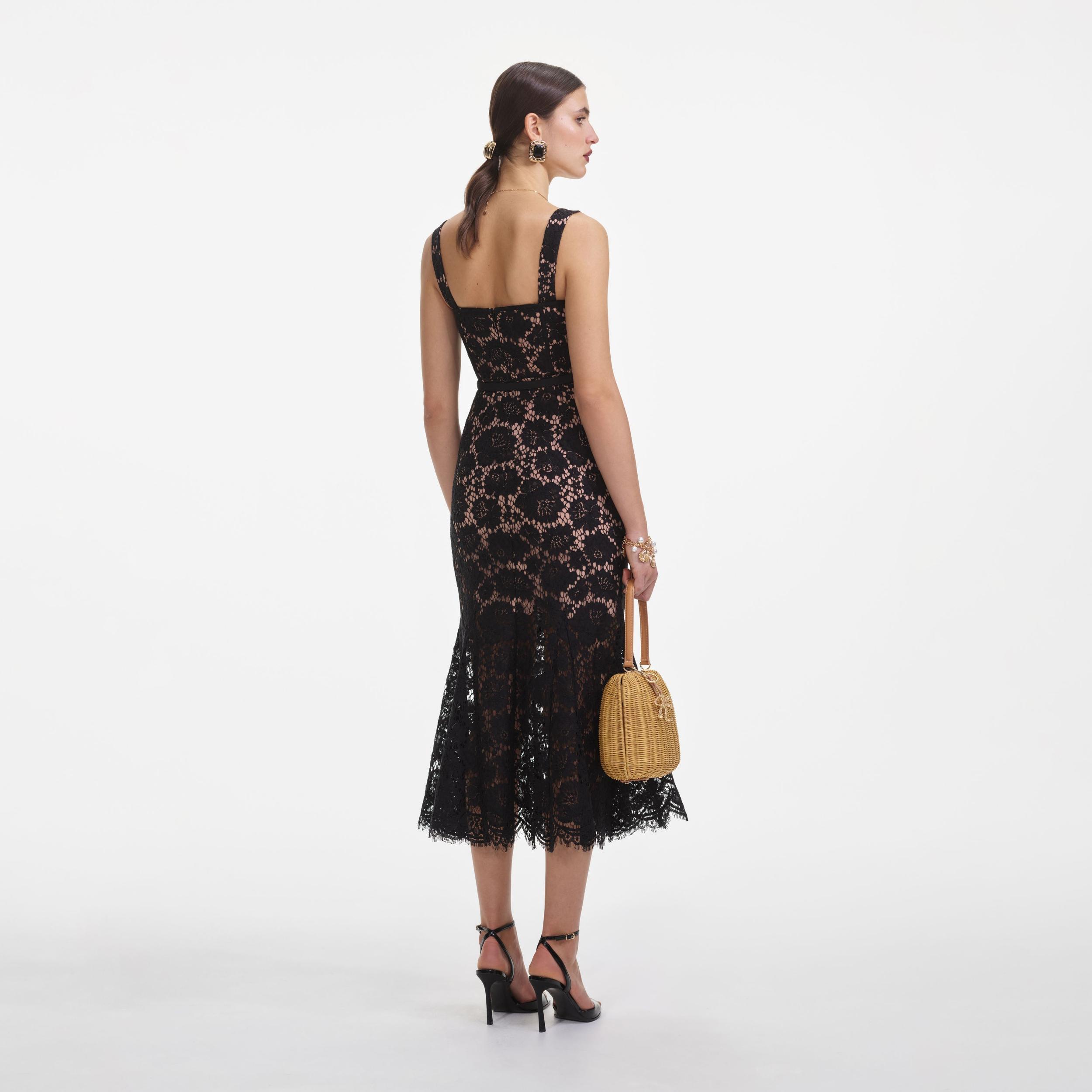 Black Fine Lace Midi Dress Product Image