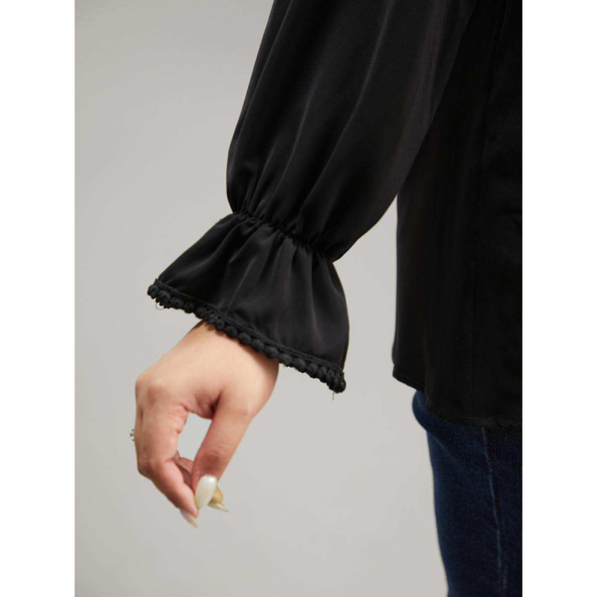 Plus Size Black Anti-Wrinkle Solid Lace Panel Lantern Sleeve Blouse Women Elegant Long Sleeve Round Neck Dailywear Blouses BloomChic 26/4X Product Image