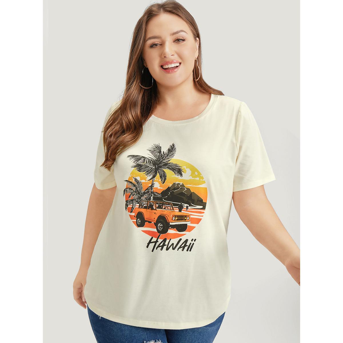 Plus Size Coconut Tree & Car Print Crew Neck T-shirt Beige Women Casual Tropical Dailywear T-shirts BloomChic 12/L Product Image