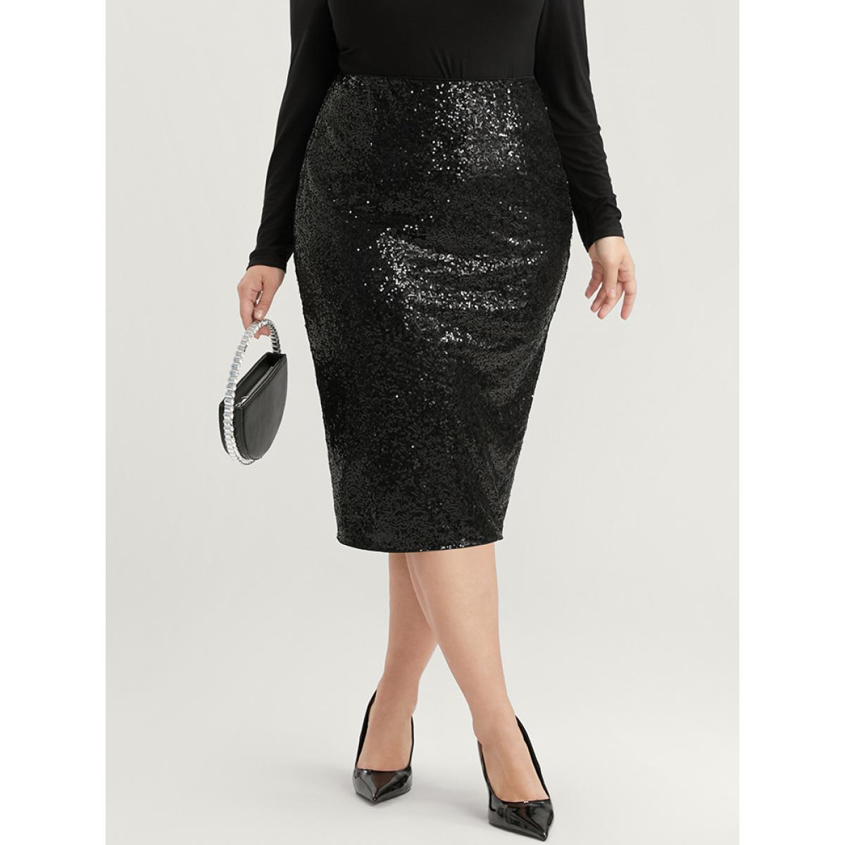 Plus Size Solid Sequin Zipper Split Hem Skirt Women Black Party Plain Bodycon Low stretch Going out Skirts BloomChic 26/4X Product Image