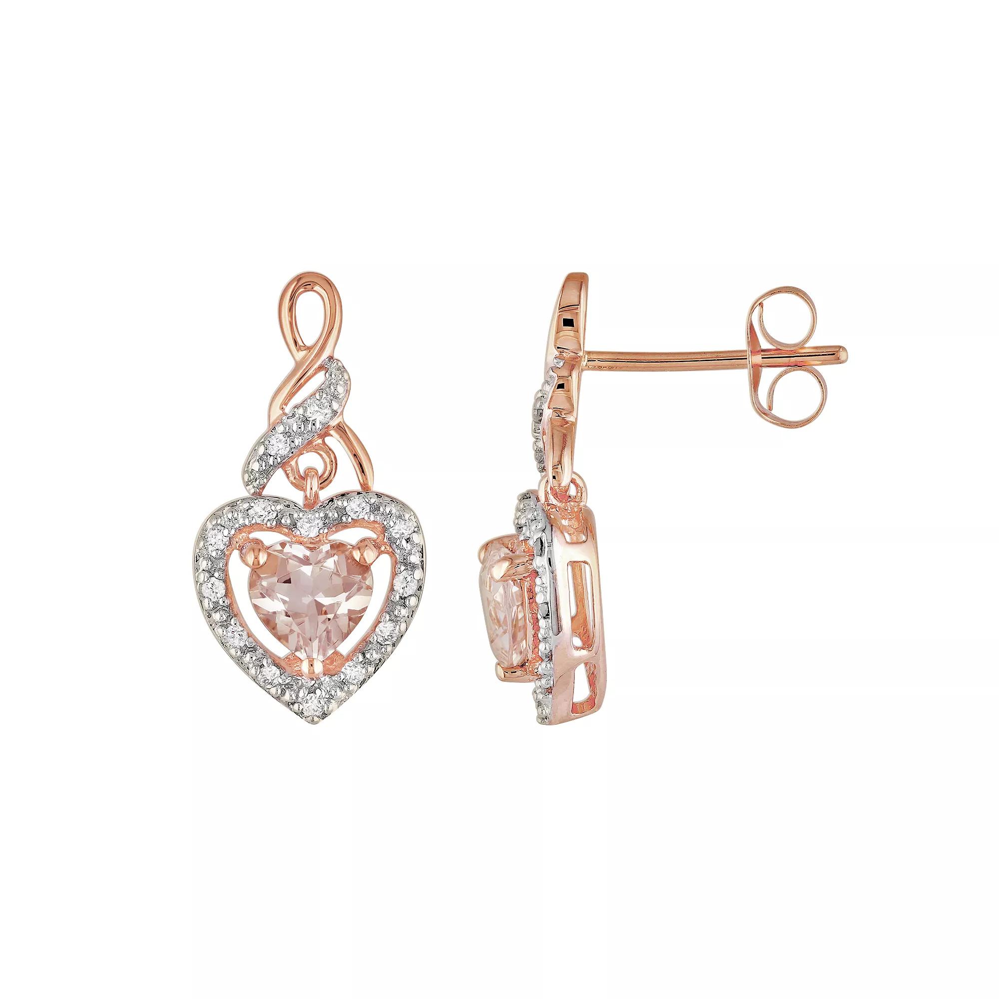Stella Grace 10k Rose Gold 1/8-ct. T.W. Diamond and Morganite Heart Drop Earrings, Women's, Pink Product Image