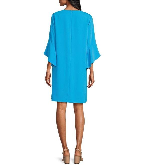 Caroline Rose Julia Matte Crepe 3/4 Ruffle Sleeve Shift Round Neck Shift Dress Product Image