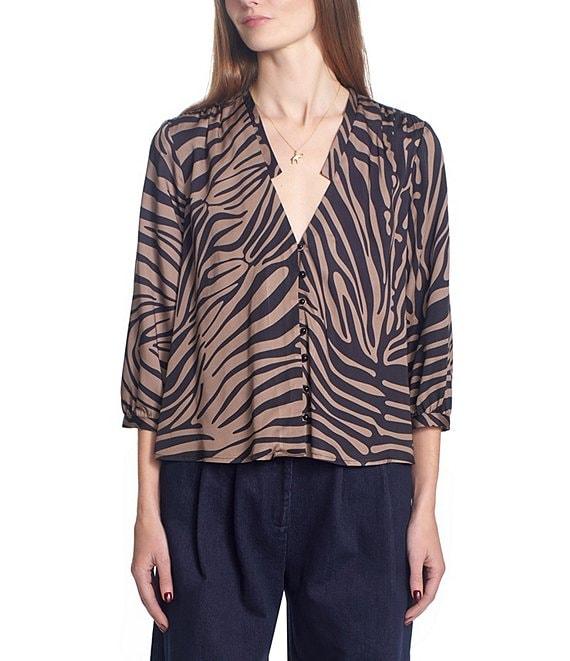 COREY LYNN CALTER Jessina Woven Satin Zebra Print V-Neck 3/4 Sleeve Top Product Image