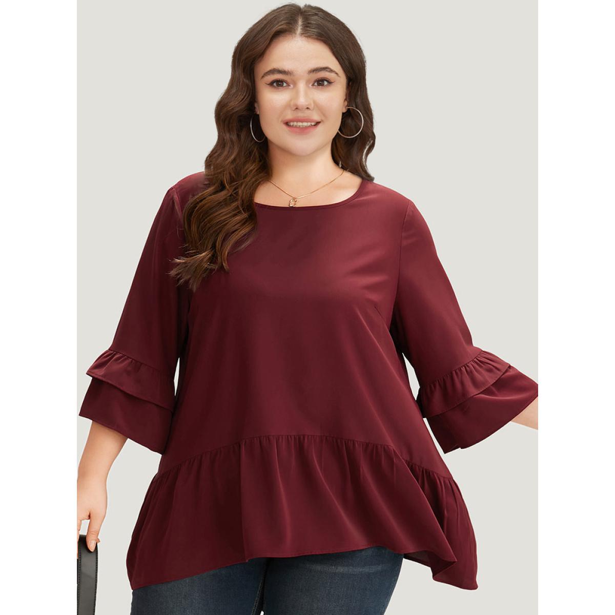 Plus Size Cyan Anti-Wrinkle Plain Ruffle Layered Sleeve Crew Neck Blouse Women Office Half Sleeve Round Neck Work Blouses BloomChic 14-16/1X Product Image