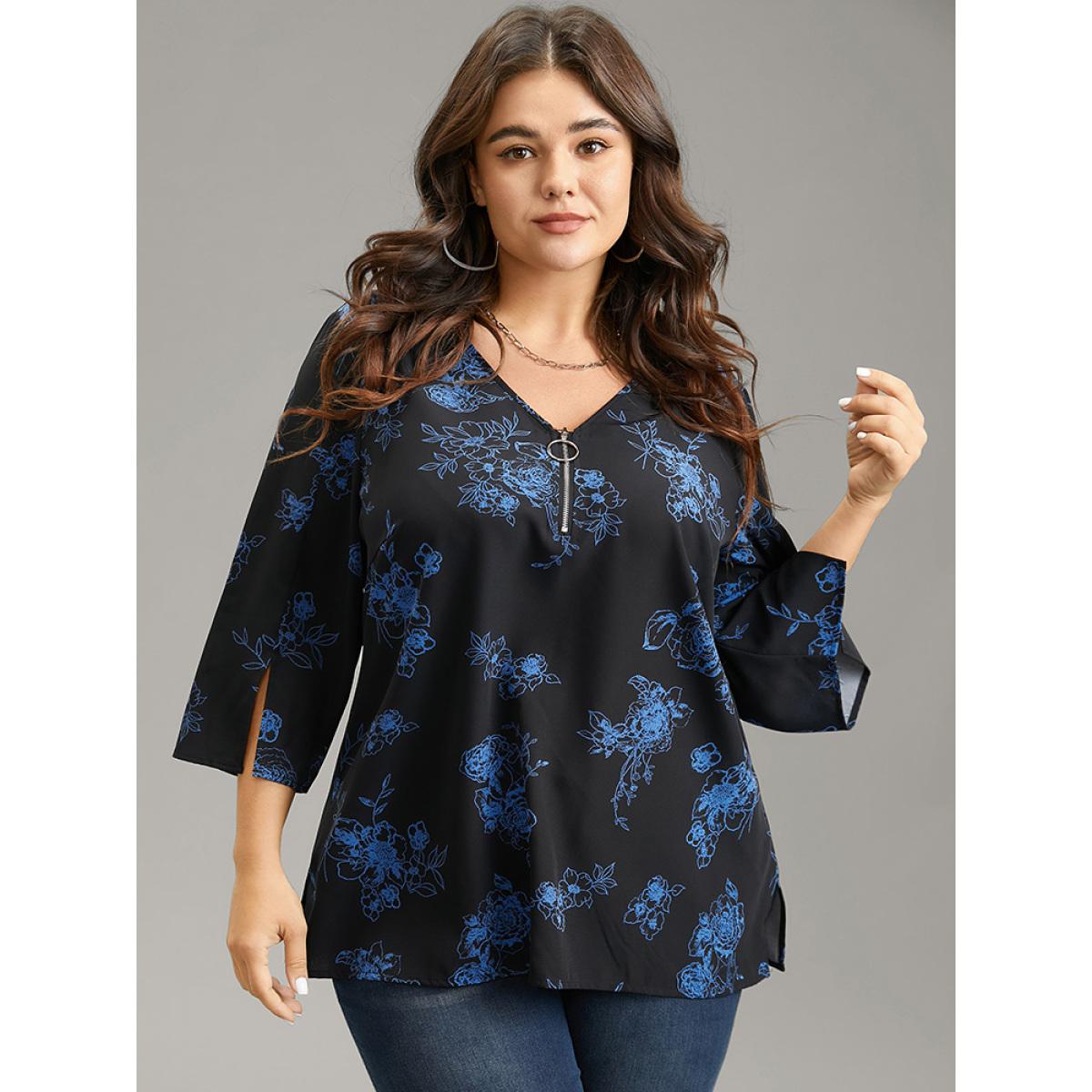 Plus Size Black Silhouette Floral Print Half Zip Split Sleeve Blouse Women Elegant Elbow-length sleeve V-neck Office Blouses BloomChic 14-16/1X Product Image