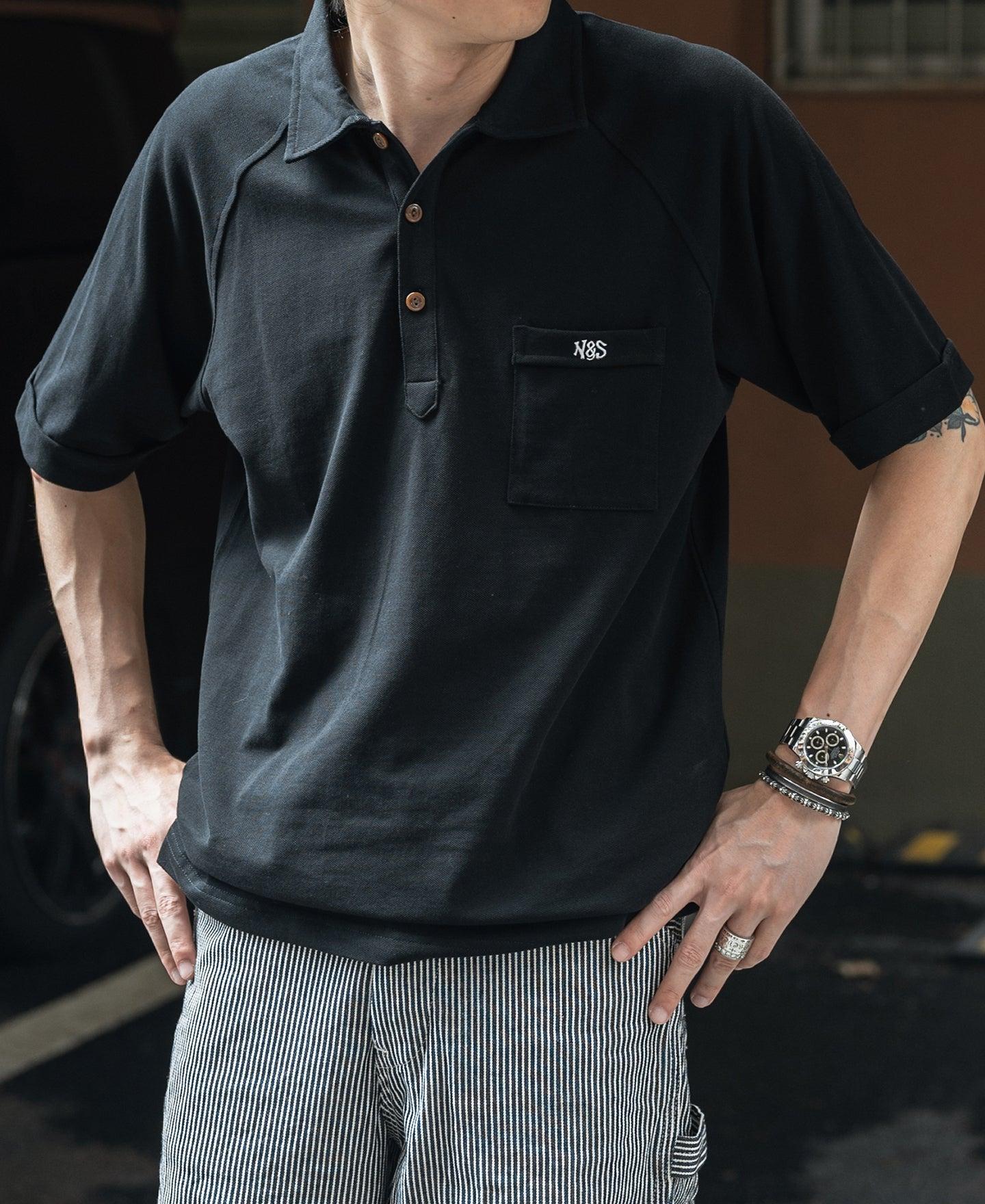 Raglan Sleeve Cotton-Piqué Polo Shirt - Black Product Image