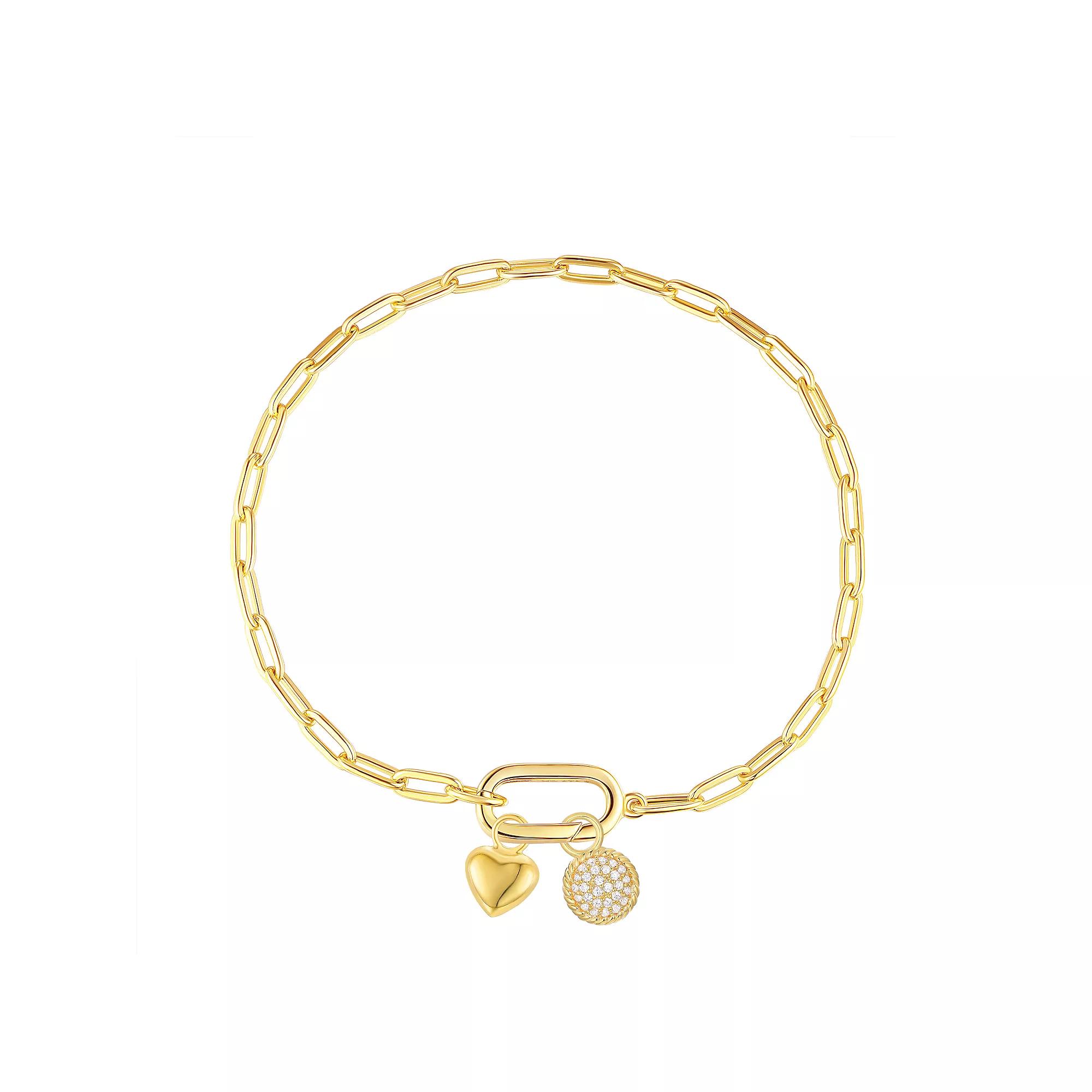 Argento Forte 14k Gold Over Silver Heart & Cubic Zirconia Charm Paper Clip Chain Bracelet - 7.5 in., Women's, Size: 7.5", Sterling Silver Product Image