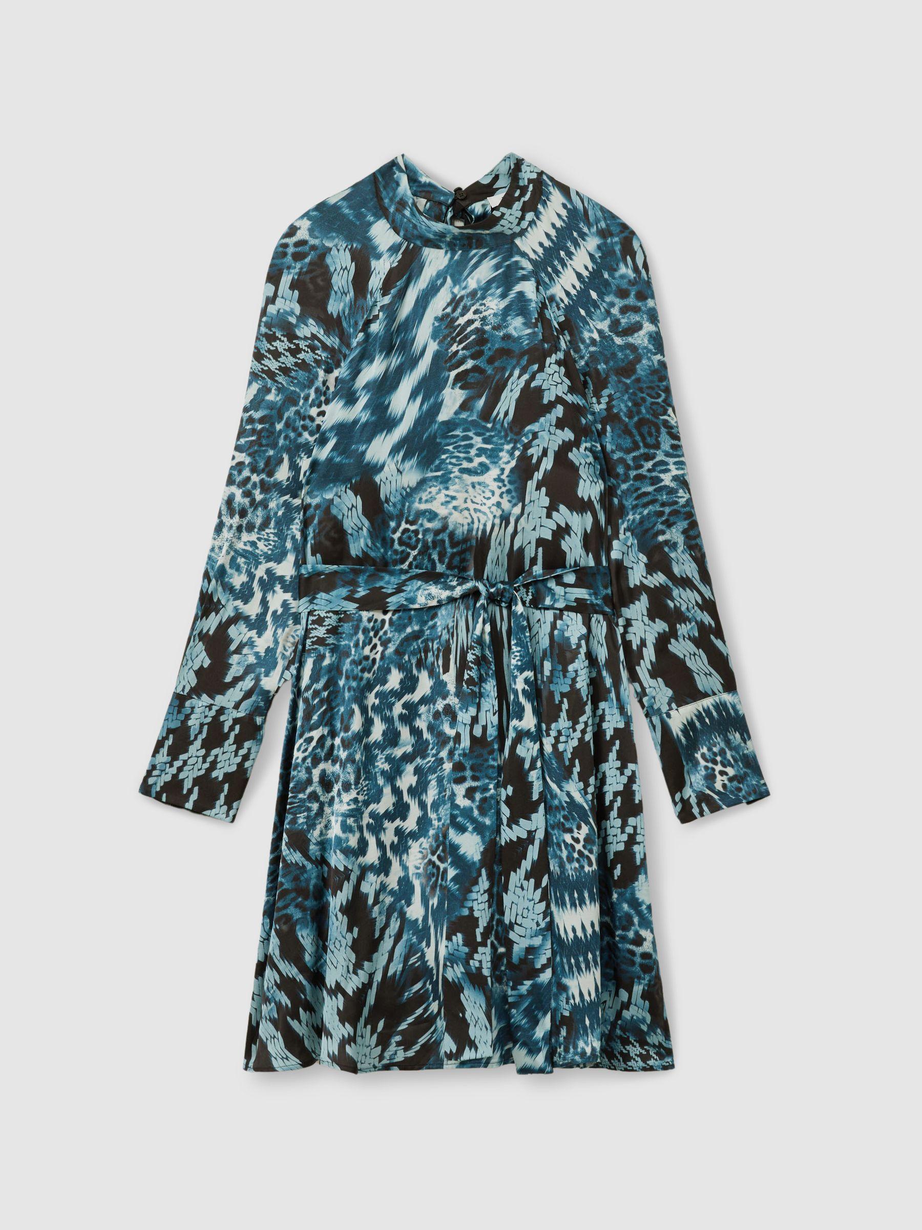 Ester Teal Printed Belted Tie Neck Mini Dress Product Image