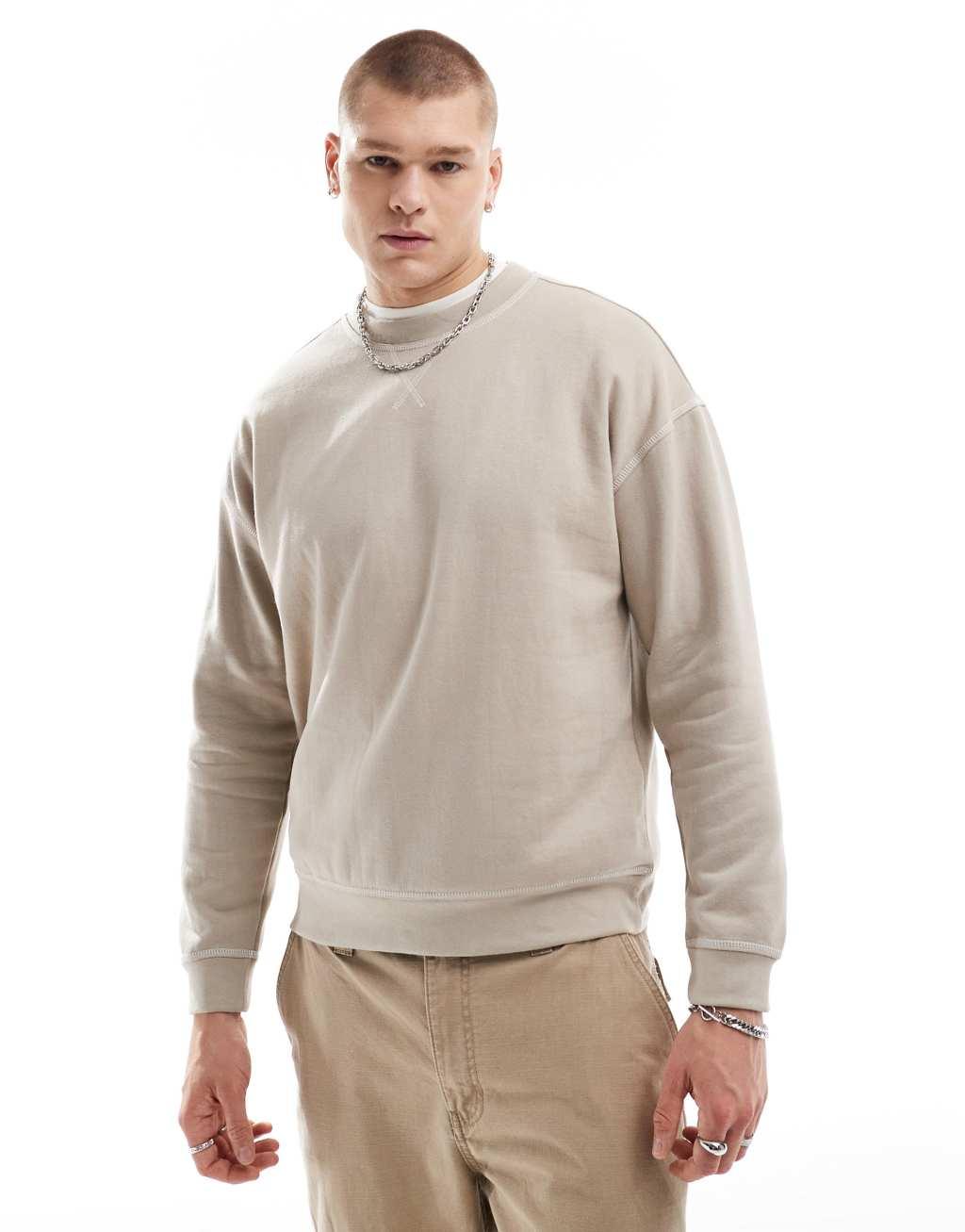 Another Influence contrast stitch crewneck sweater in stone Product Image