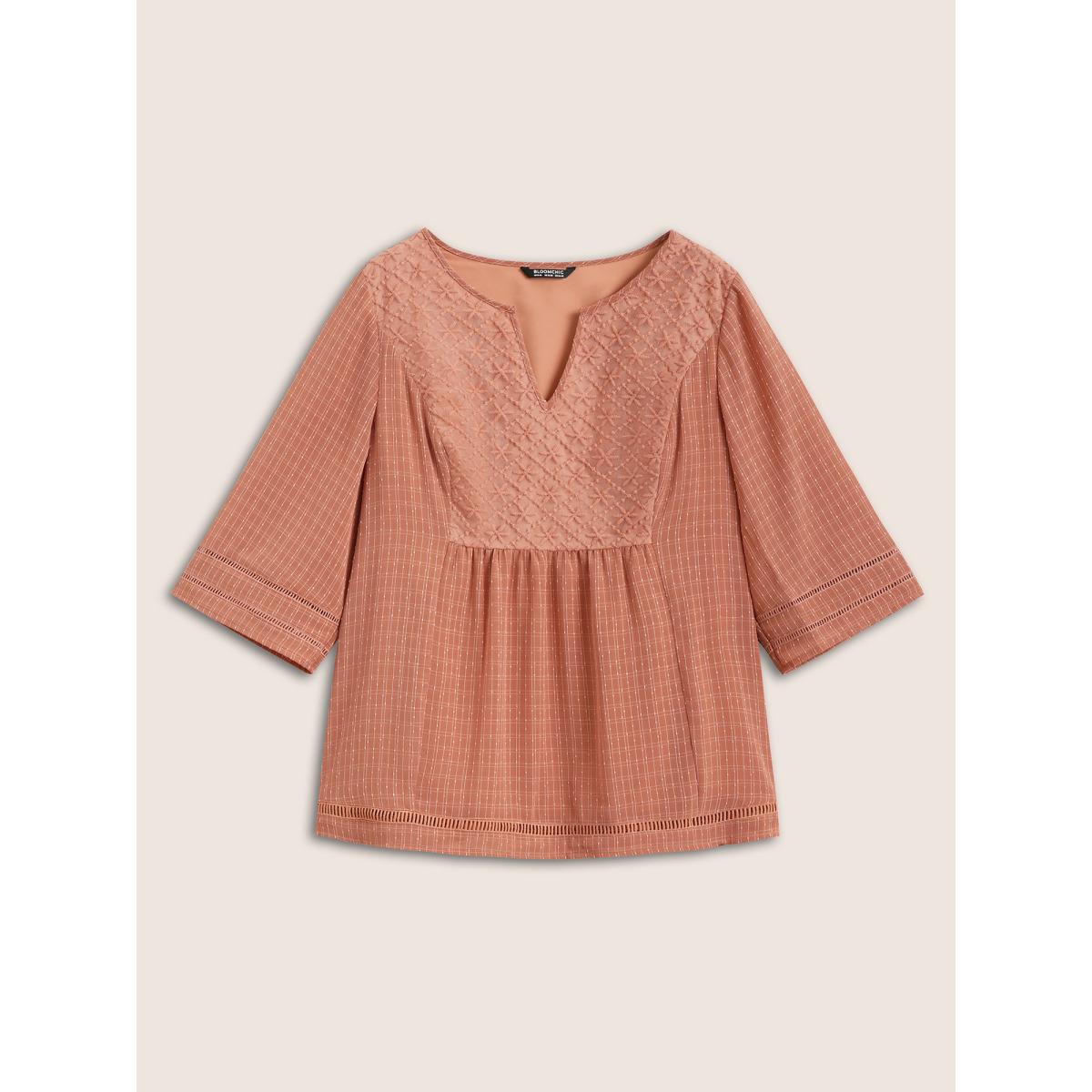 Plus Size Coral Solid Notched Lace Panel Bell Sleeve Blouse Women Resort Elbow-length sleeve Flat collar with V-notch Vacation Blouses BloomChic 26/4X Product Image