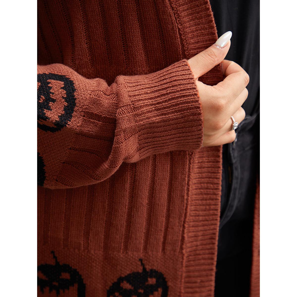 Plus Size Halloween Pumpkin Graphic Open Front Cardigan Rust Women Casual Loose Long Sleeve Festival-Halloween Cardigans BloomChic 22-24/3X Product Image