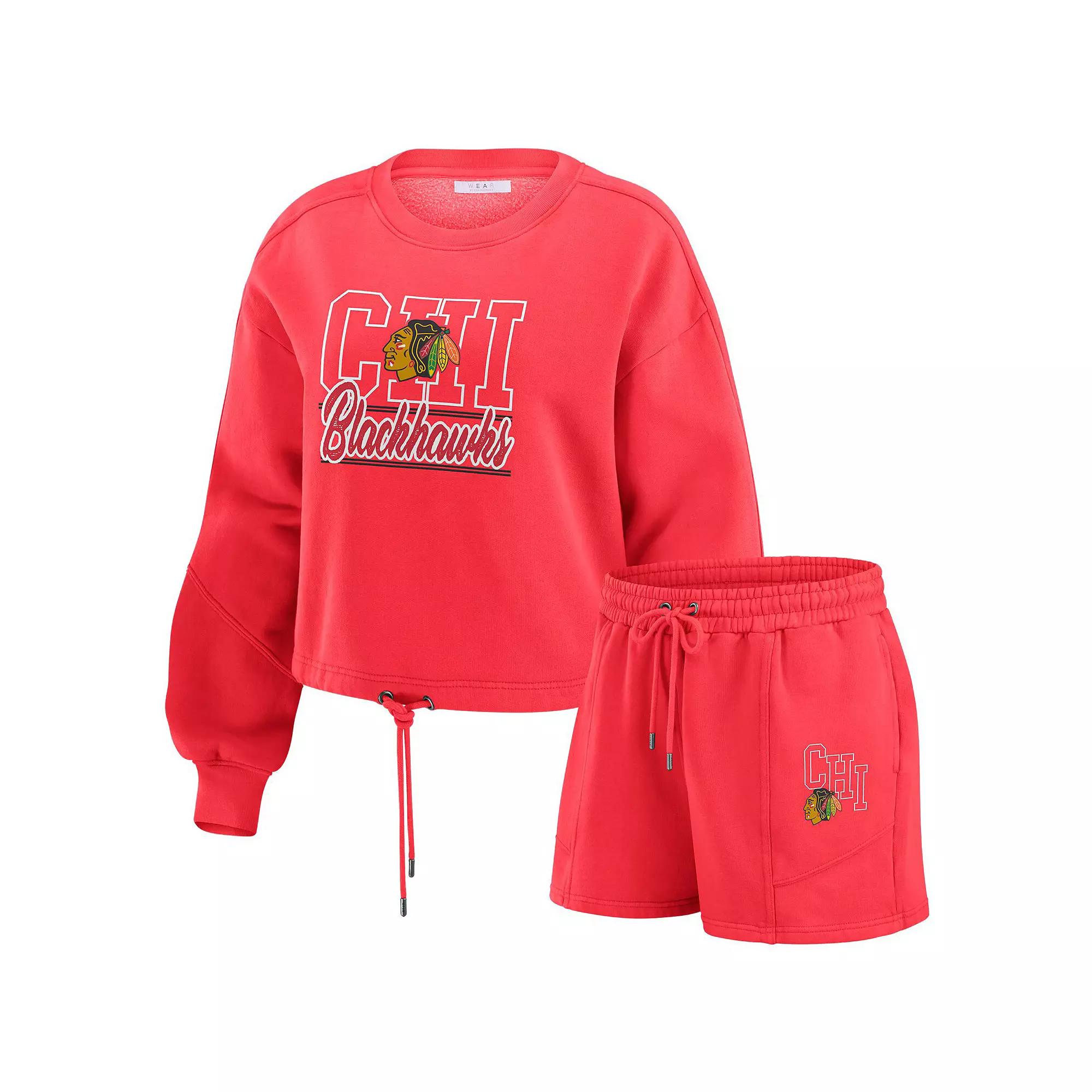 Women's WEAR by Erin Andrews Red Chicago Blackhawks Washed Fleece Sweatshirt & Shorts Lounge Set,  Product Image