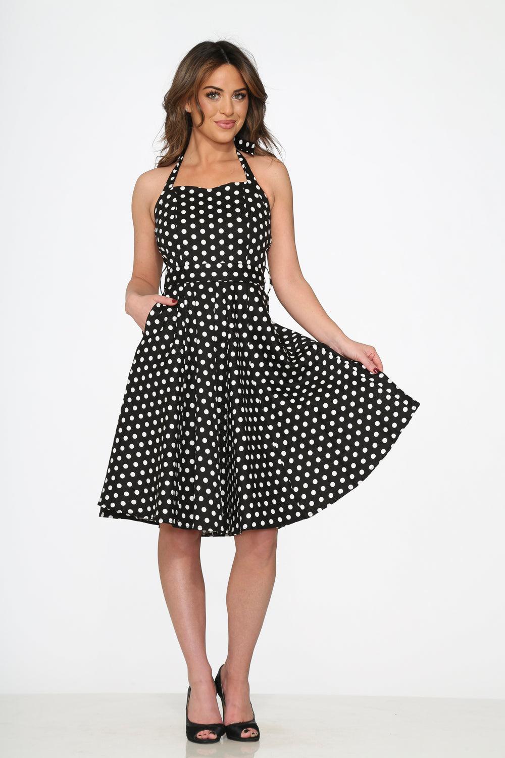Black & White Polka Dot Halter Swing Dress Product Image