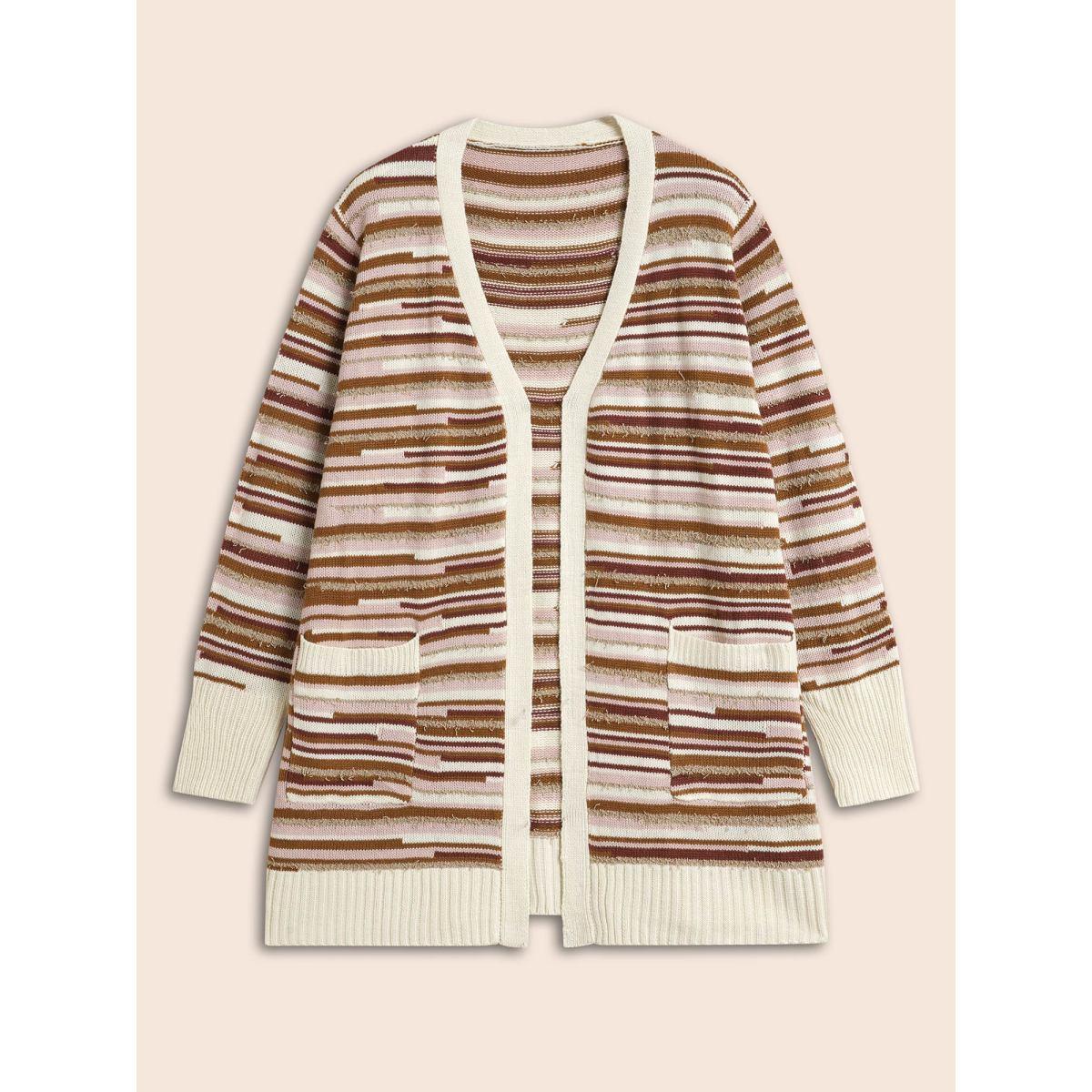 Plus Size Striped Kimono Collar Pocket Cardigan Beige Women Casual Loose Long Sleeve Everyday Cardigans BloomChic 18-20/2X Product Image