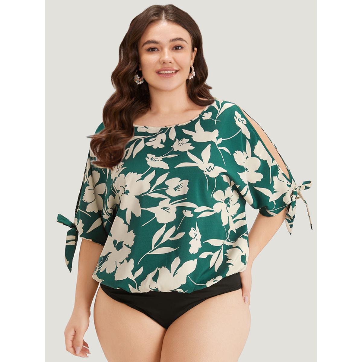 Plus Size Silhouette Floral Print Knotted Cut Out Round Neck Bodysuit Women Cyan Silhouette Floral Print Printed Bodysuits BloomChic 30/6X Product Image