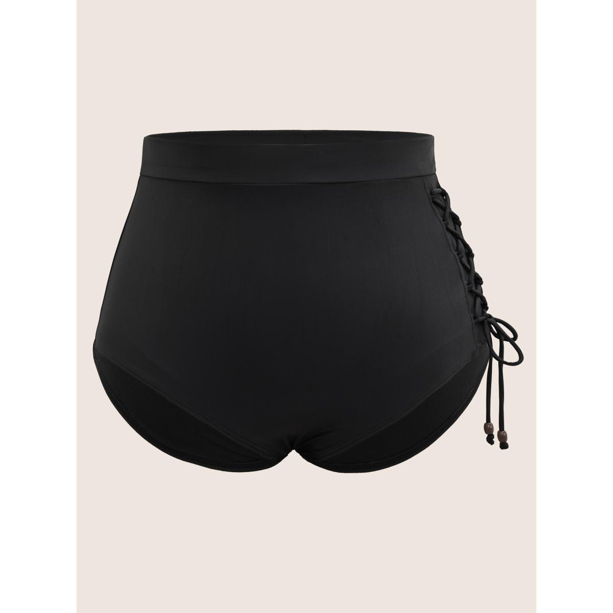 Plus Size Plain Lace Up Side High Rise Swim Bottom Women's Swimwear Black Beach Non High stretch Skinny High Rise Curve Swim Bottoms BloomChic 30/6X Product Image
